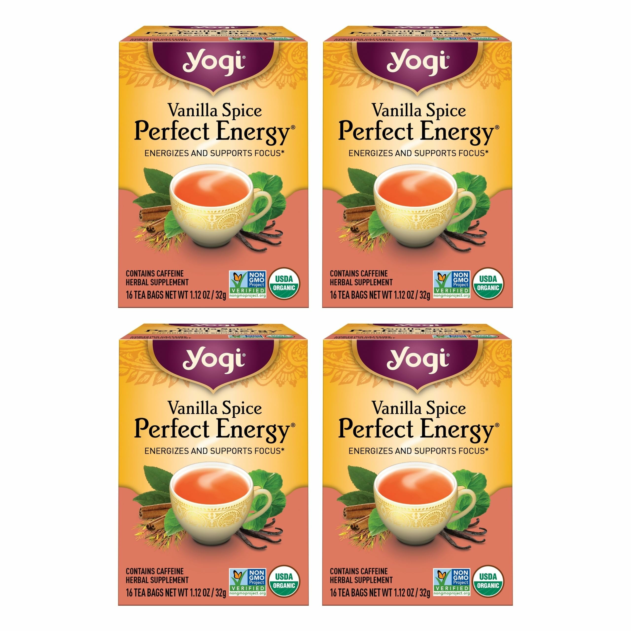 Tea Vanilla Spice Perfect Energy - 16 Bags per Pack (4 Packs) - Organic Vanilla Energy for Focus - Includes Green & Black Tea, Ashwagandha, L-Theanine & More