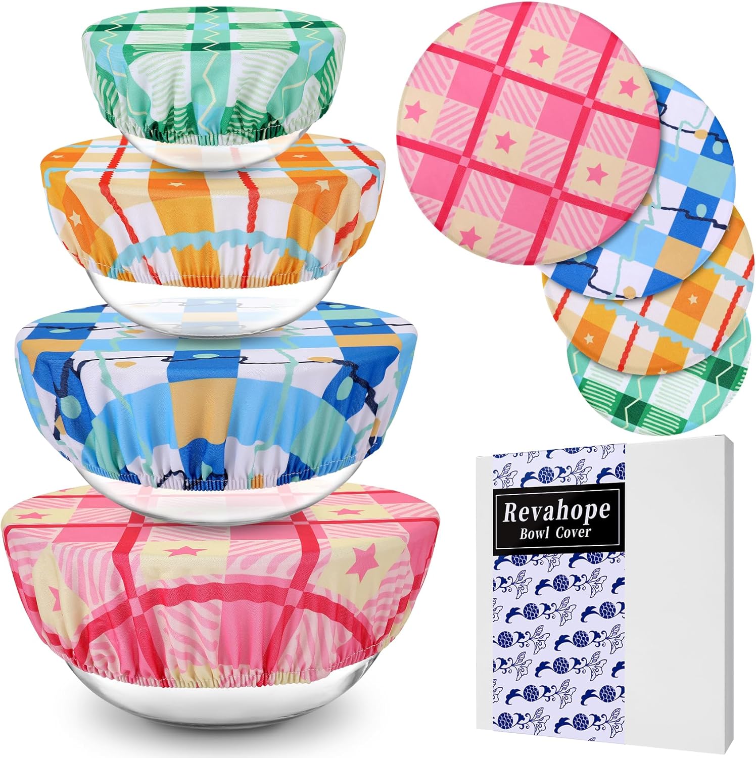 4 Pieces Bowl Covers Reusable, 4 Size Stretch Cloth Fabric Bowl Covers for Bread Proofing Elastic Food Covers Washable for Food Fruits Leftover (Pink Plaid)