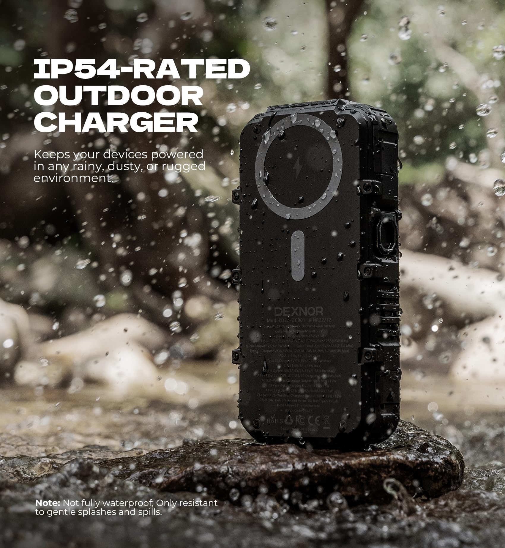 Dexnor Solar Powerbank 27.000 mAh mit 65W PD3.0 & QC3.0 Schnellladung, Tragbarer Externer Akku mit Wireless Charging, Taschenlampe und Karabiner - Kompatibel mit MagSafe & Qi