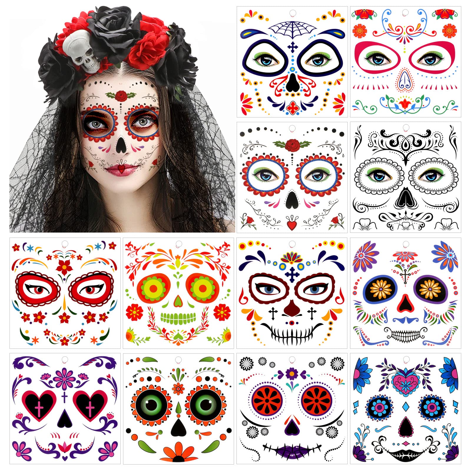 HOWAF Halloween Face Temporary Tattoos, 12 PCS Day of the Dead Face Tattoo Sugar Skull Floral Black Skeleton Web Red Roses Face Tattoos Stickers for Halloween Party Favours Makeup Carnival Masquerade