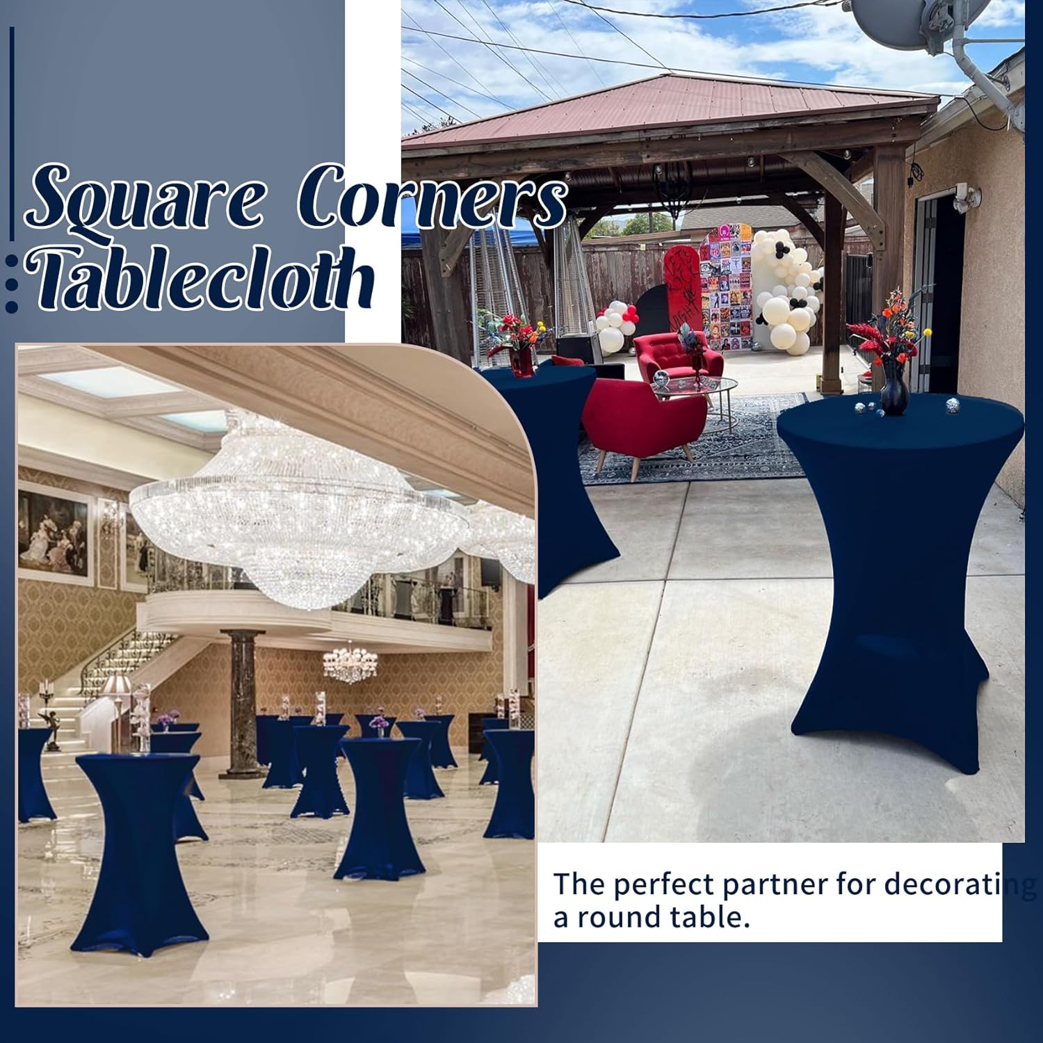 HAISIWLKJ 8 Pack Cocktail Table Covers 32x43 Inch Fitted Stretch Spandex Square Corners Table Cover High Top Cocktail Tablecloth for Round Tablecloth for Party, Wedding, Birthday, Banquet(Navy Blue)