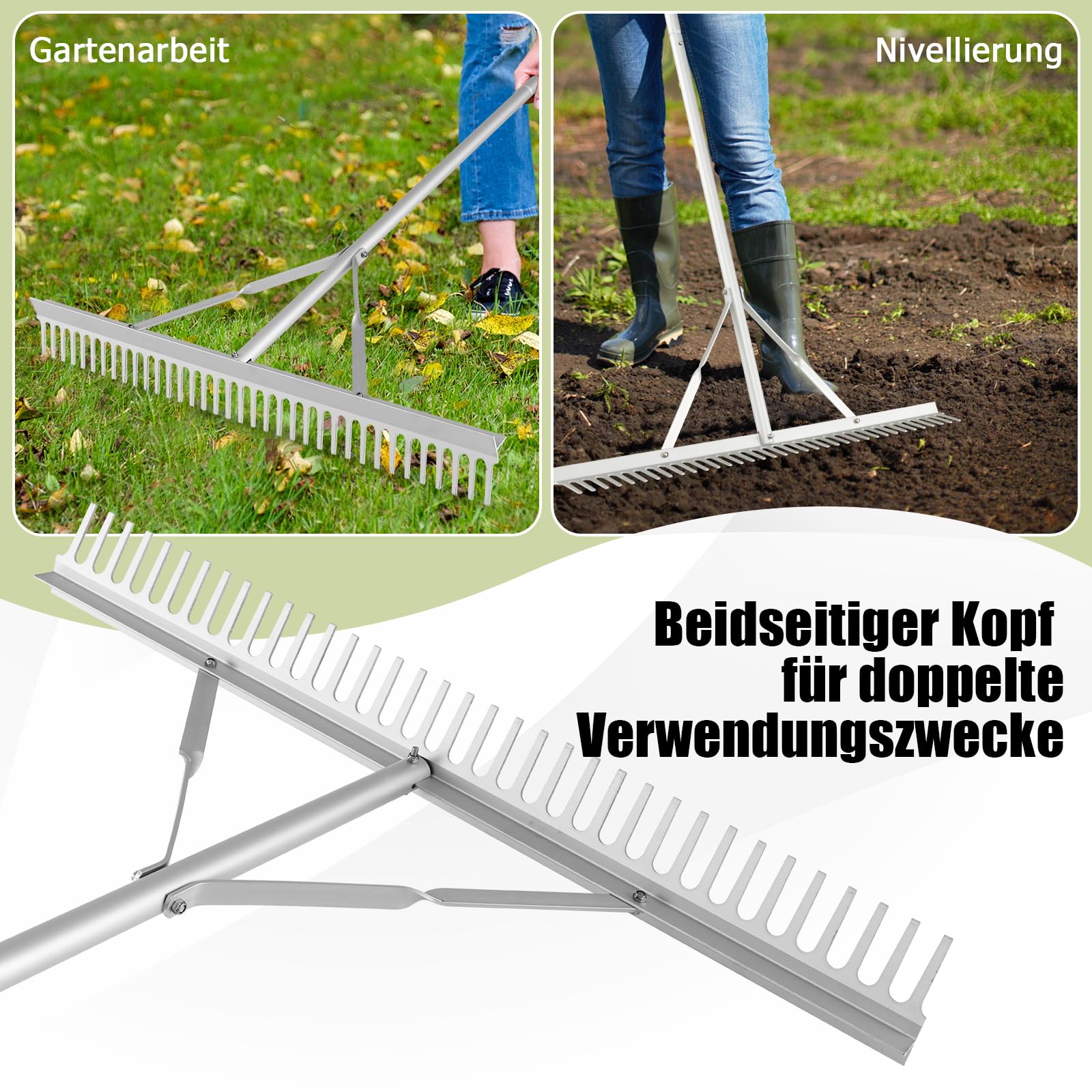GOPLUS Grabie Ogrodowe o Szerokości Roboczej 92 cm, 36 Zębów i Trzonku 170 cm, Łatwe Łamanie Liści z Aluminium, Do Trawy, Poziomujące, Narzędzie Ogrodowe Do Liści i Trawnika