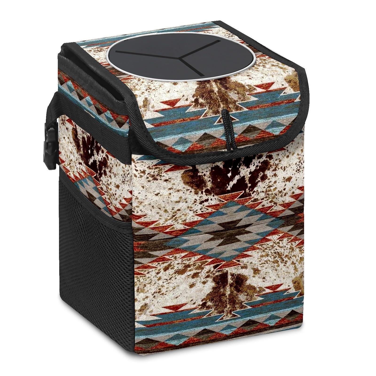 Longlugoo - Cubo de basura para coche con tapa, diseño de vaca azteca occidental, plegable, reutilizable, a prueba de fugas, para garaje, bolsa colgante, accesorios para coche, organizador interior