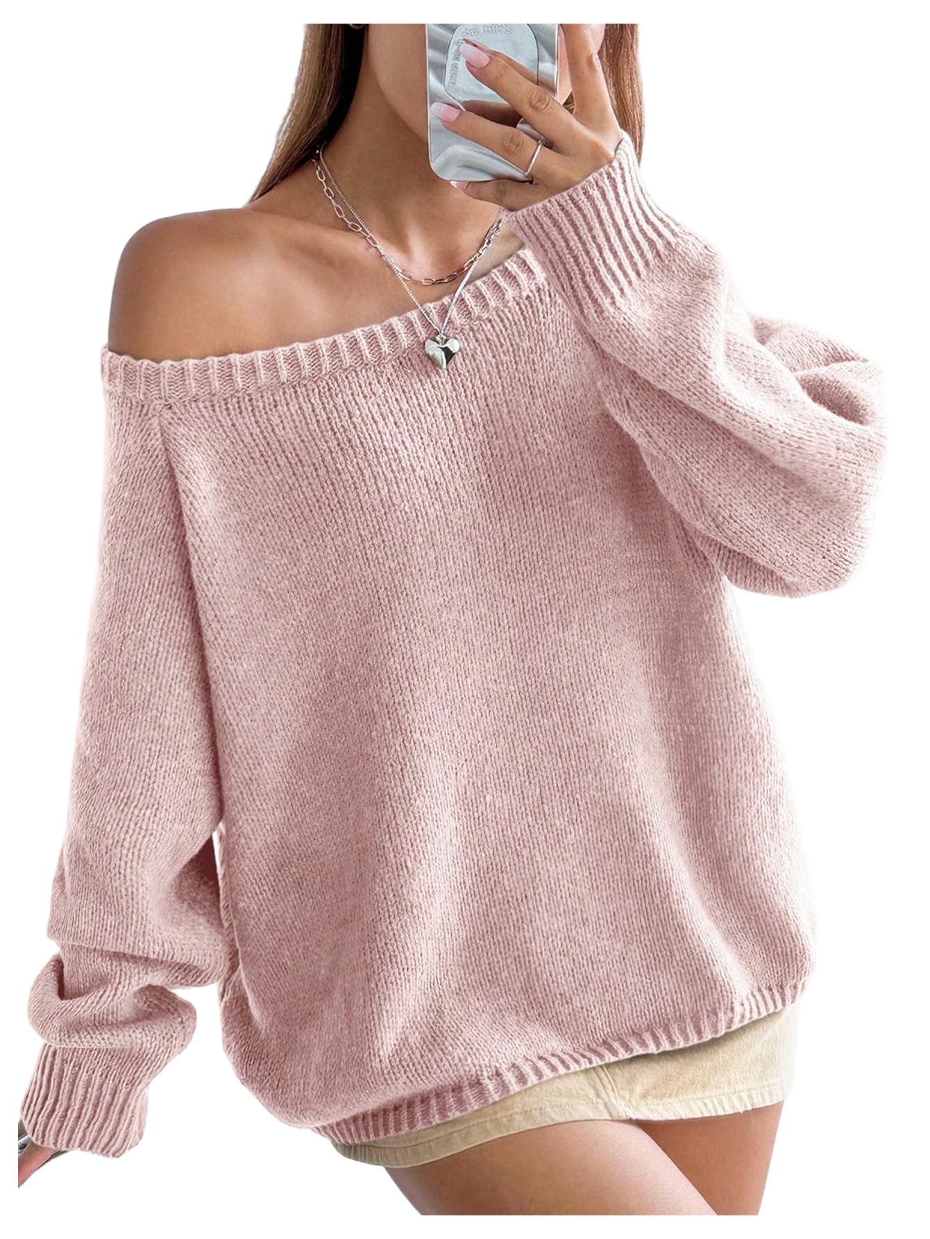 MakeMeChic Womens Off The Shoulder Sweater Long Sleeve Boat Neck Winter Casual Pullover Knit Tops