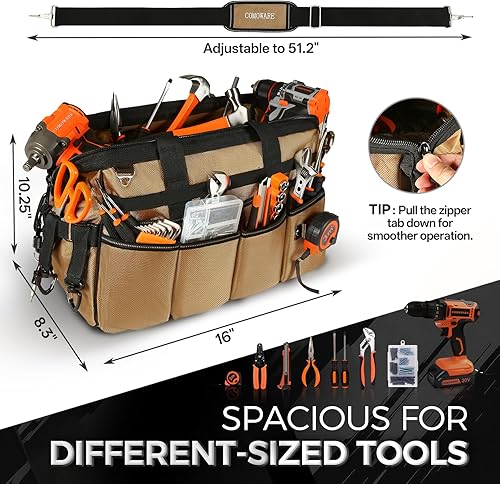 Miniatura 2 de COMOWARE Bolsa de herramientas de 16 pulgadas, organizador de herramientas resistente de 19 bolsillos con correa de hombro ajustable de 51.2