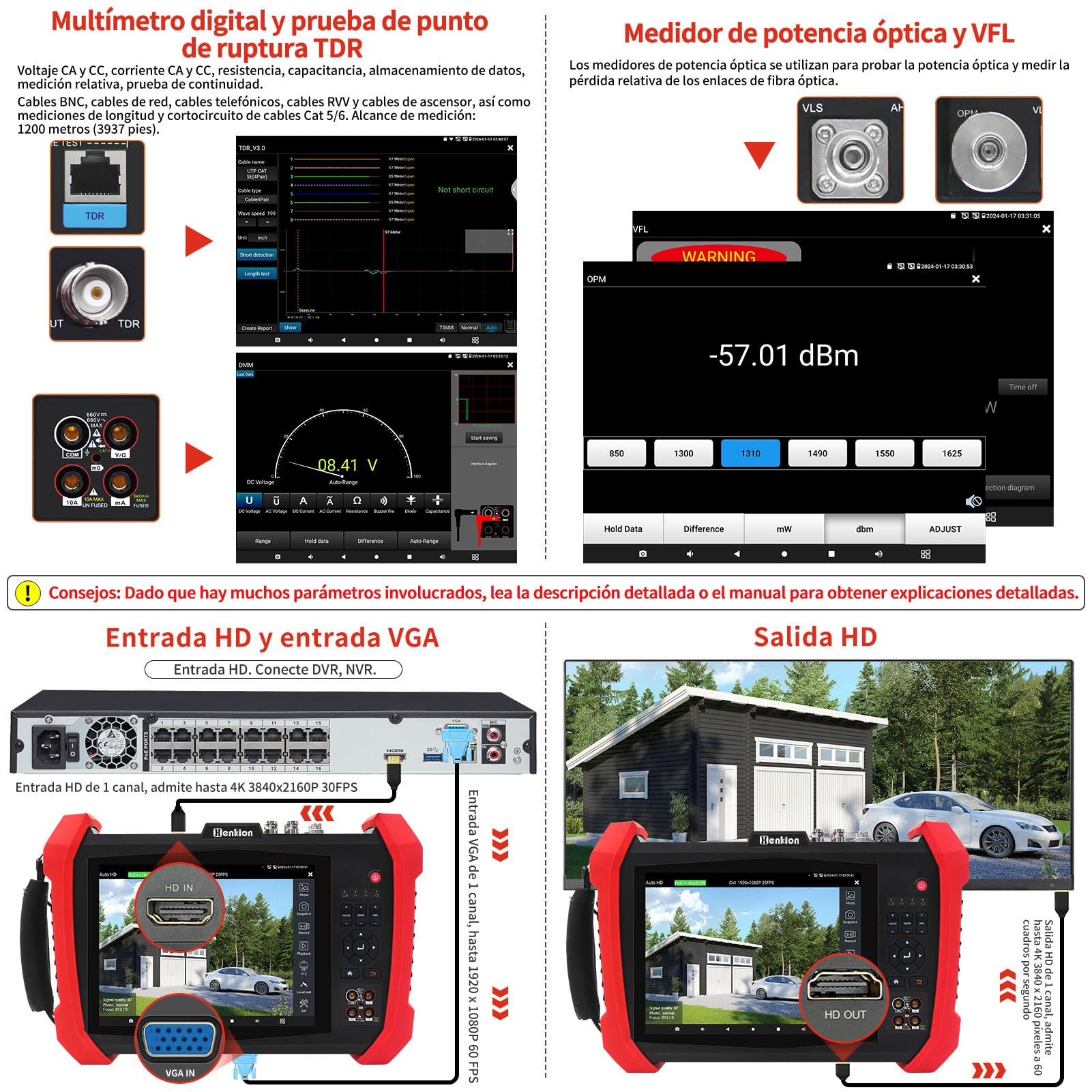 Henkion IPC CCTV Tester H20-MOVTADHSEF 8K 32MP 12MP IP Kamera Test POE++ Max 90W HD Kameratester 8MP TVI/CVI/AHD/SDI/CVBS DMM TDR WiFi Network Tools RJ45 Cable Tester 2CH SFP Port HD VGA