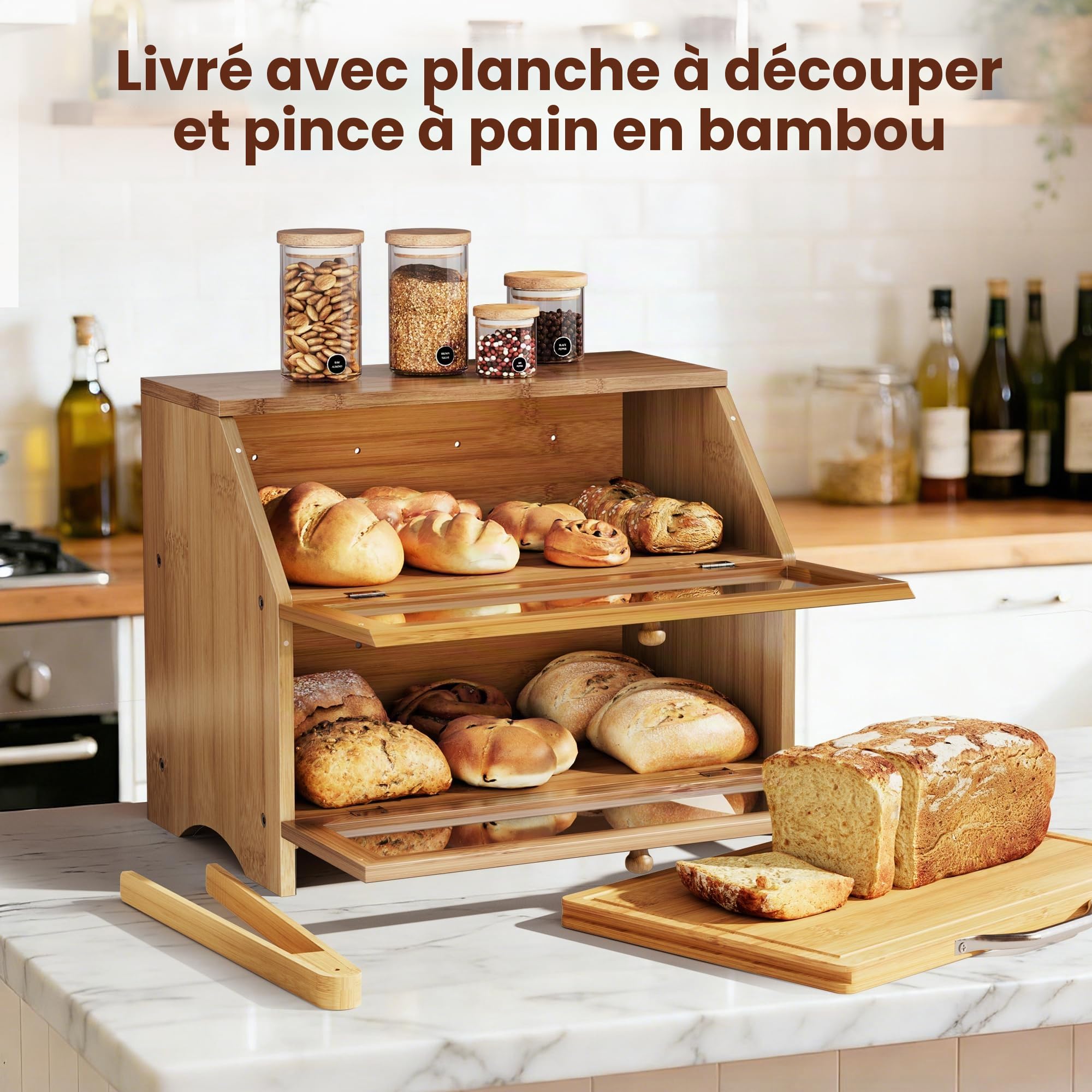 Pamapic Boîte à pain en bambou, boîte à pain de cuisine à 2 étages, boîte à pain avec planche à découper et pince à pain, fenêtre transparente, partiellement assemblée, 39 x 25 x 32 cm, marron