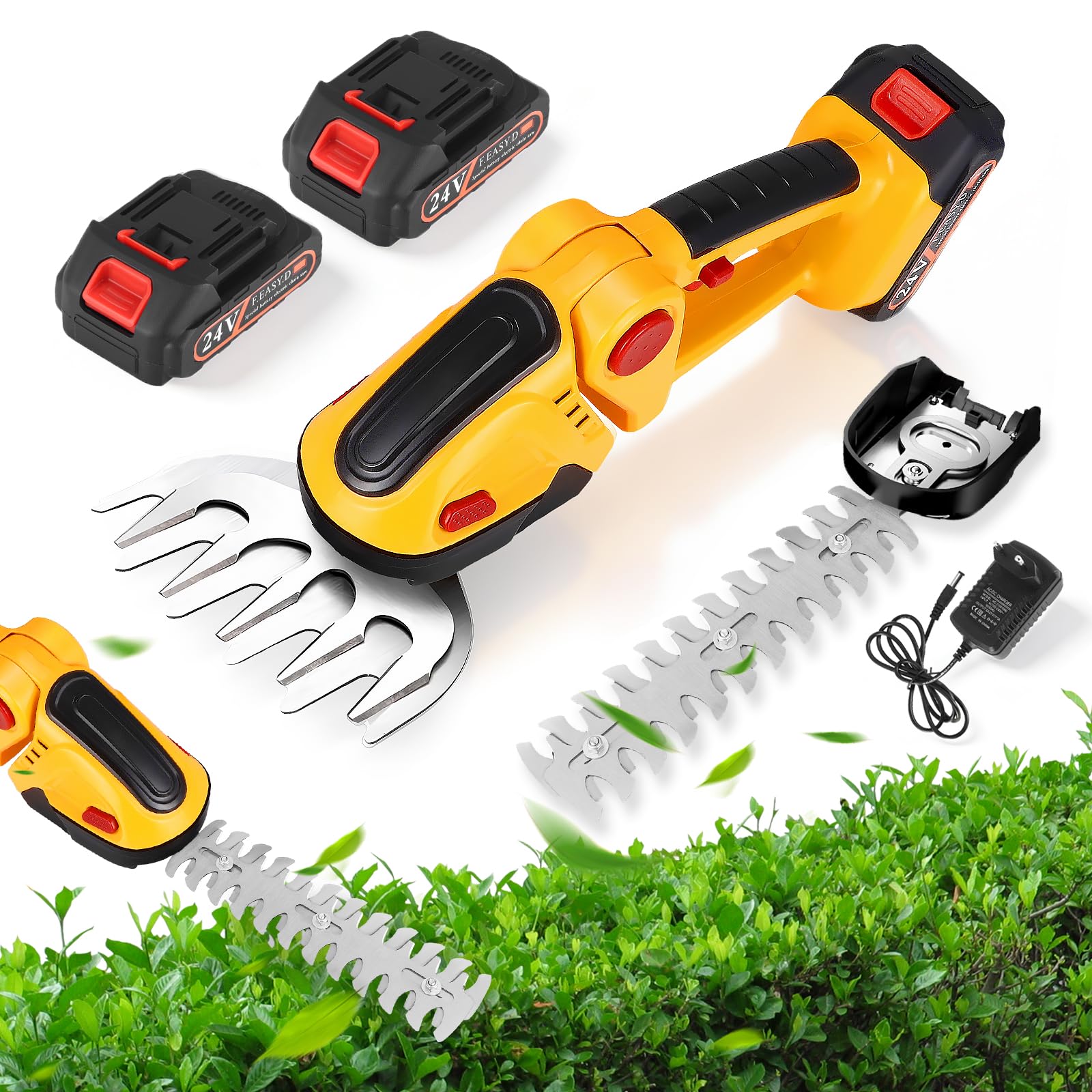 Tijeras de Césped y Setos a Batería 2 en 1, Cortasetos Eléctrico 24V 1500 RPM, con 2 Baterías de 1500 mAh, Cargador y Cuchillas de 300 mm y 100 mm para Jardín