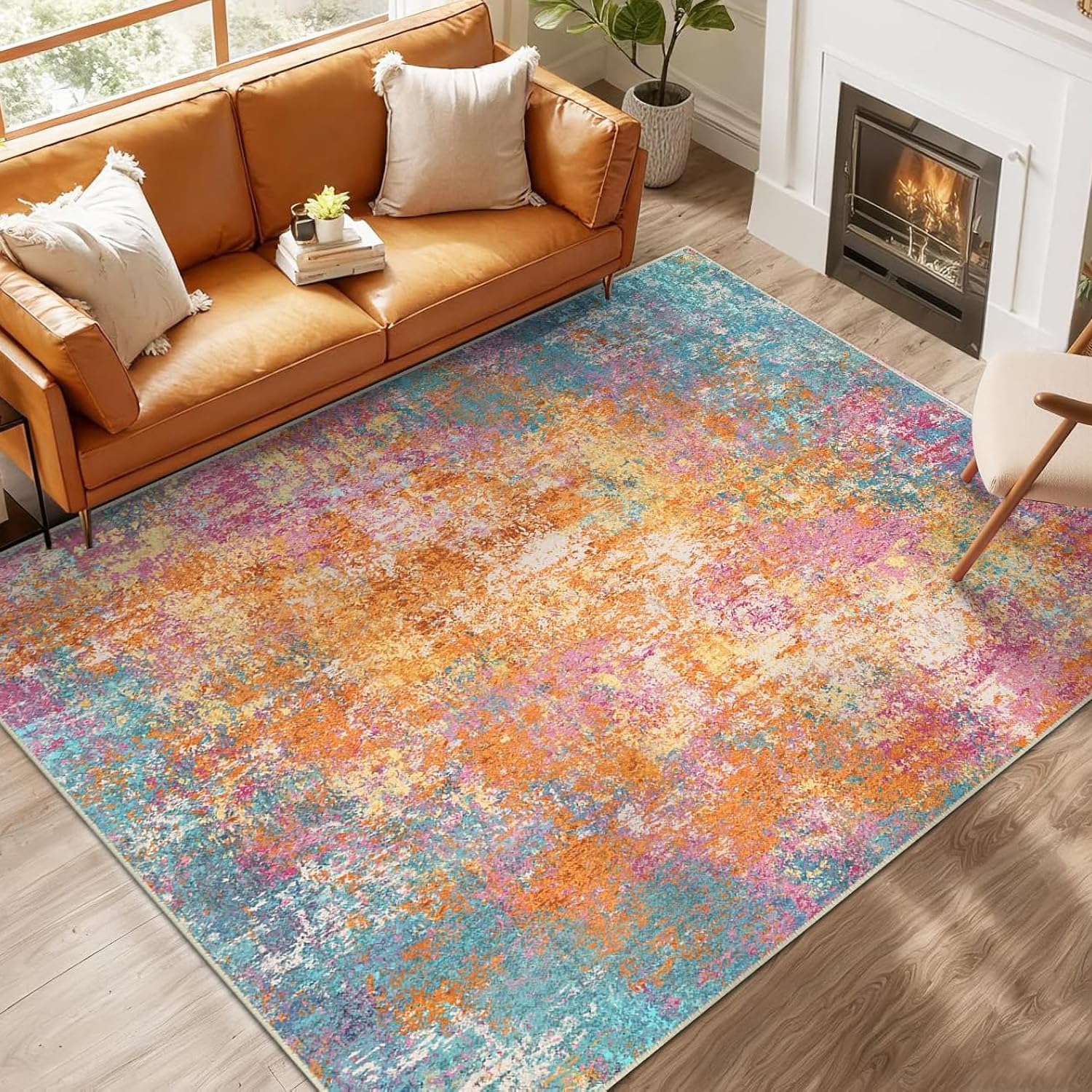 Tapis moderne lavable et antidérapant bleu et orange pour grand salon