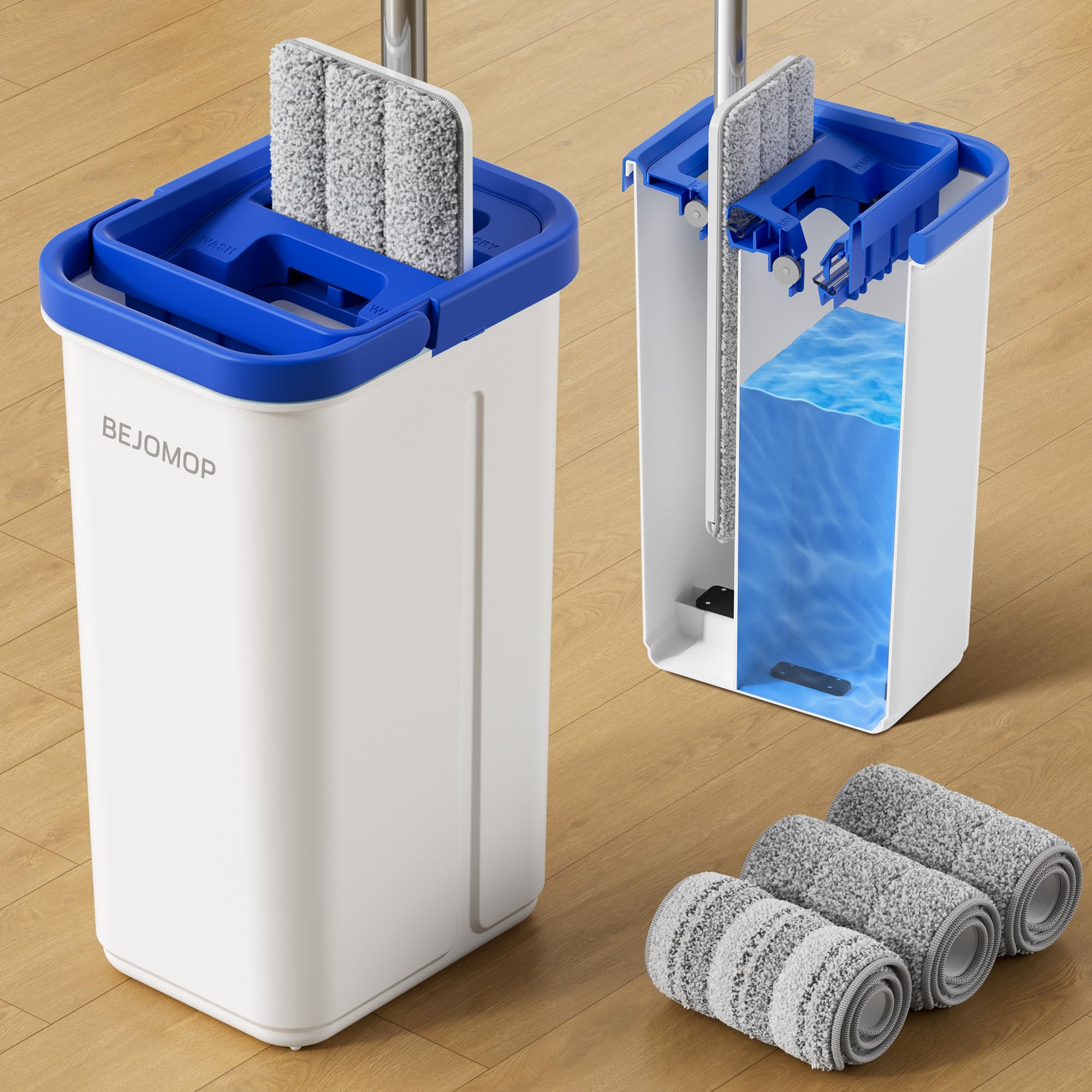 Wischmopp und Eimer Set mit Auswringer, Schieferblau Flach Squeeze Spin Wall Mop Cleaner mit langem Griff, Trocken & Nass Staubwischer für Haushalt Bodenreinigung mit 3 Mikrofaser Mops