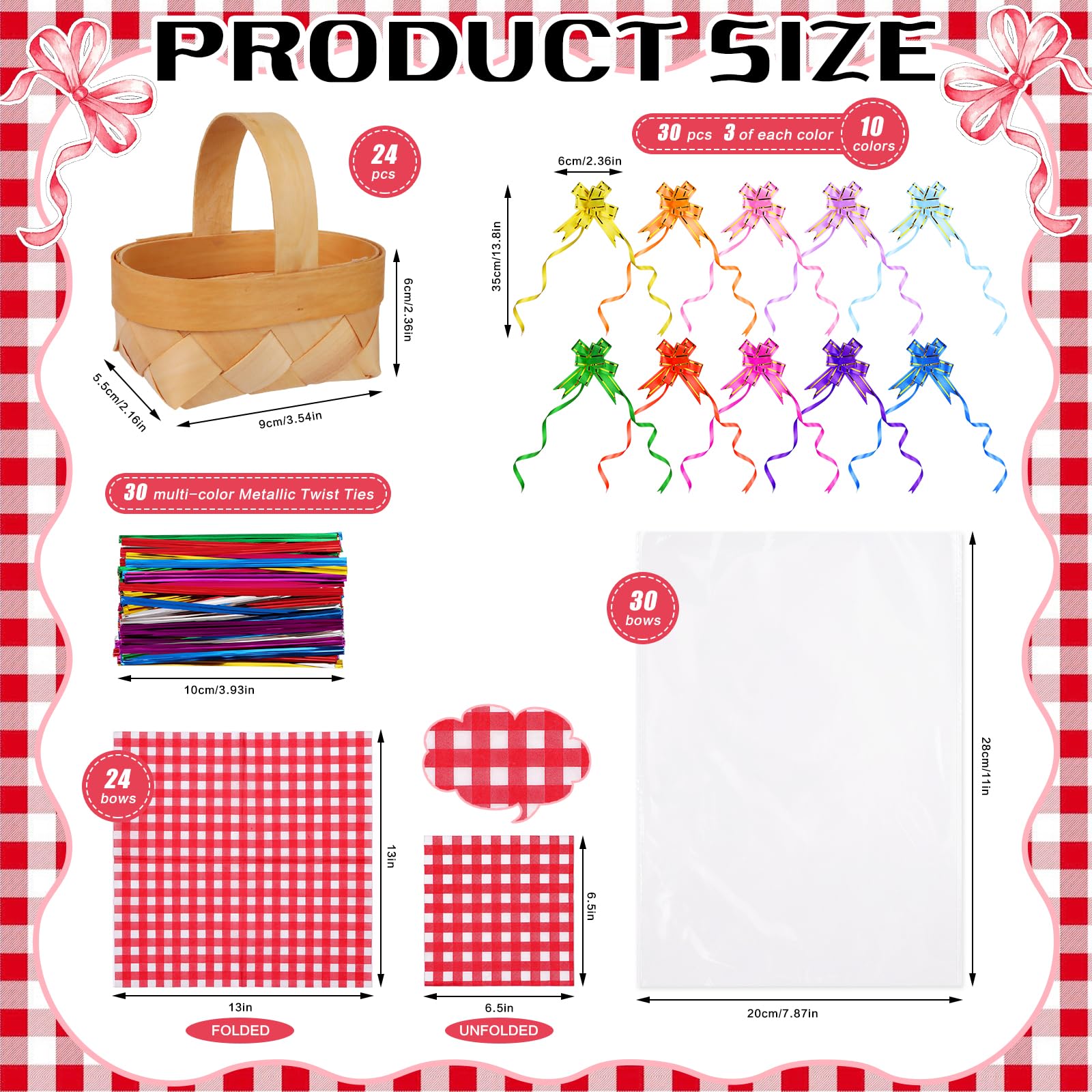 Gewebte Mini-Körbe mit Griffen, 24 Papierservietten, 30 Plastiktüten, 30 mehrfarbige Schleifen, 30 metallische Bindebänder, Blumen, Obst, Picknick, Chip-Eimer für Hochzeit, Party, Geschenk, Dekoration