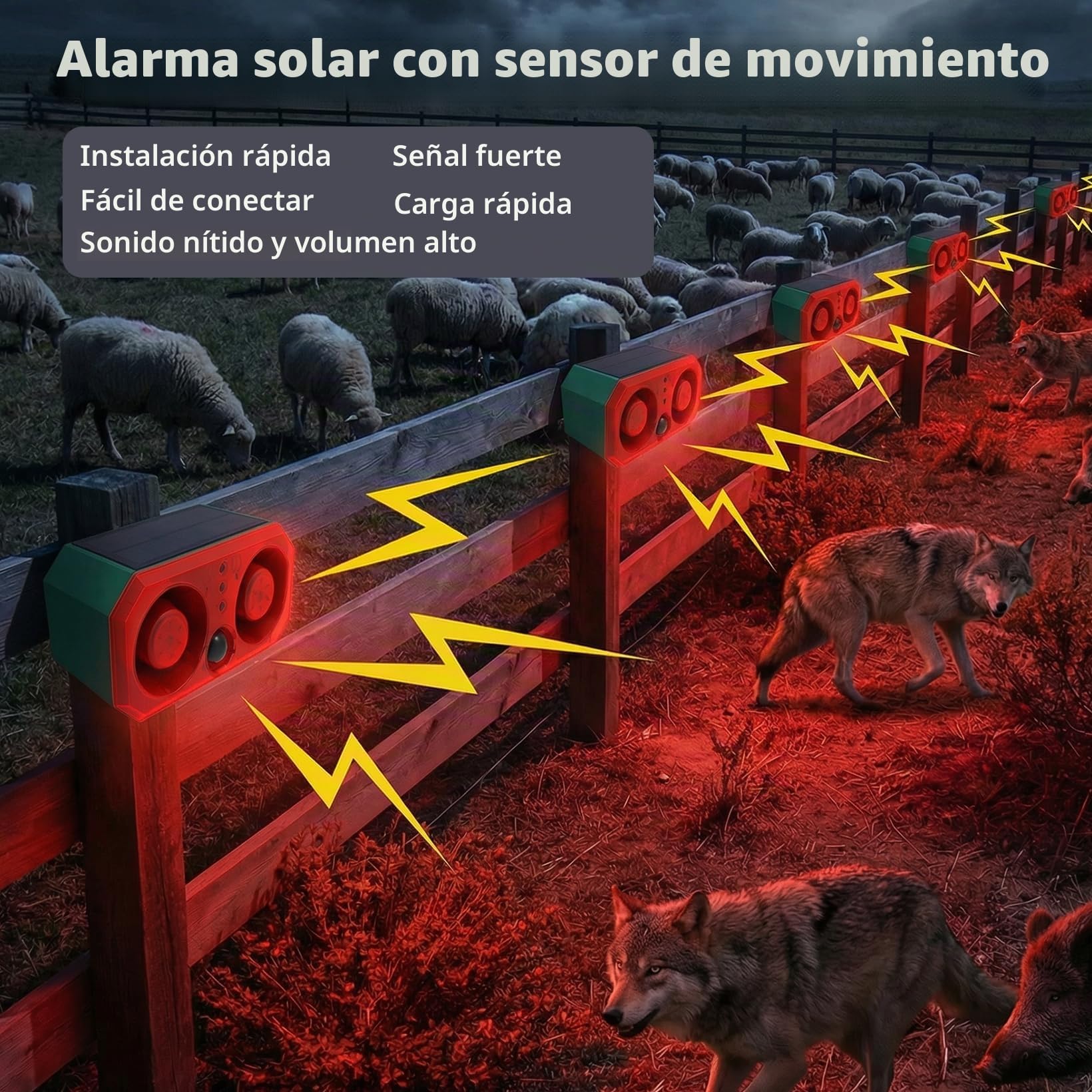Alarma Solar con Sensor de Movimiento al Aire Libre: disuasorio de Coyotes de 130 dB, Sonido de bocinas duales, luz de Movimiento y Control Remoto, disuasorio de Animales para Patio, Granja