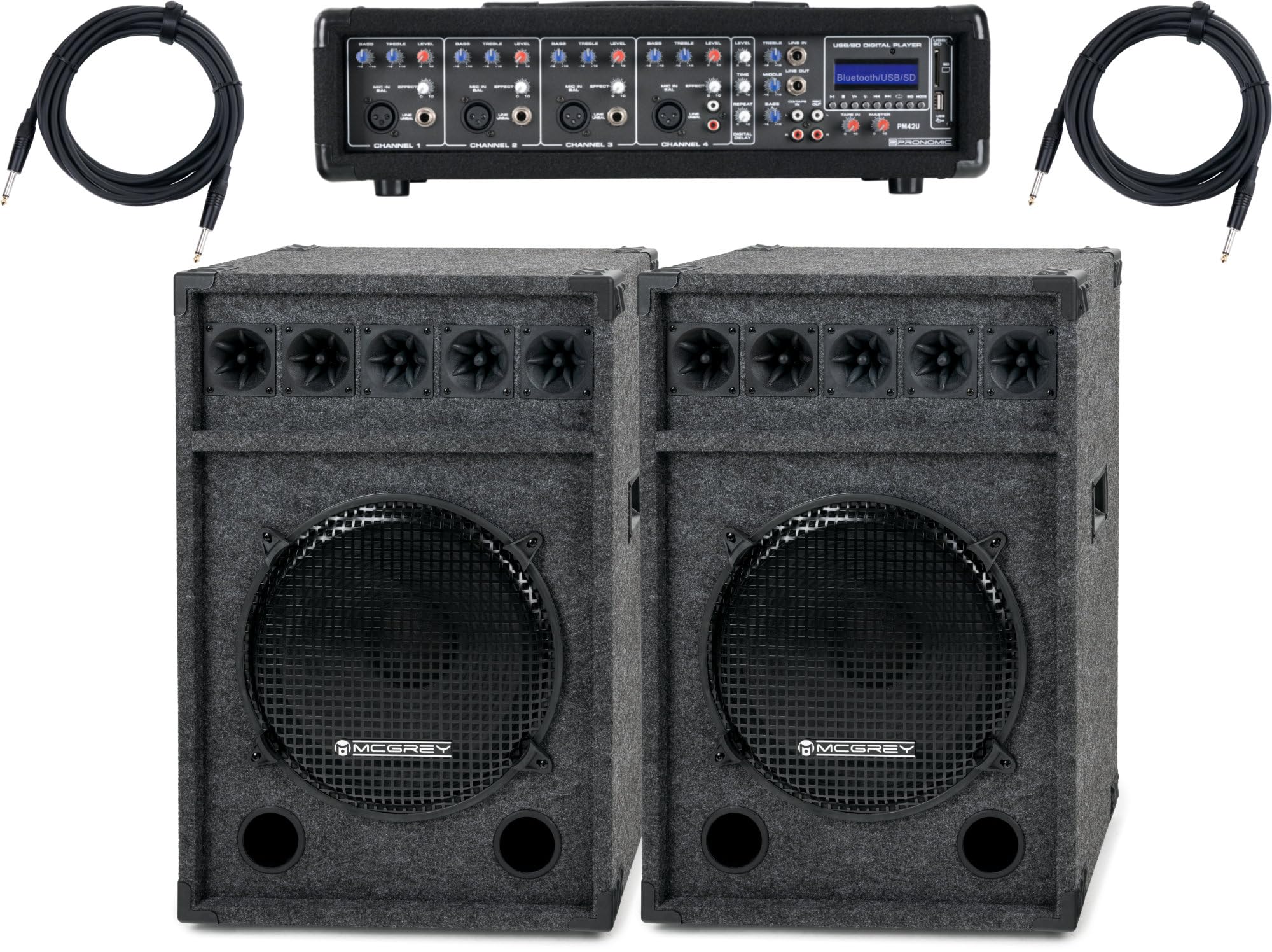 Pronomic PM42-Festival StagePower Set, Mixer Amplificato Pronomic PM42U | Ingresso XLR bilanciato per microfoni dinamici, Ingresso jack 6, 35mm sbilanciato, Canale 4 con ingresso Line in formato RCA