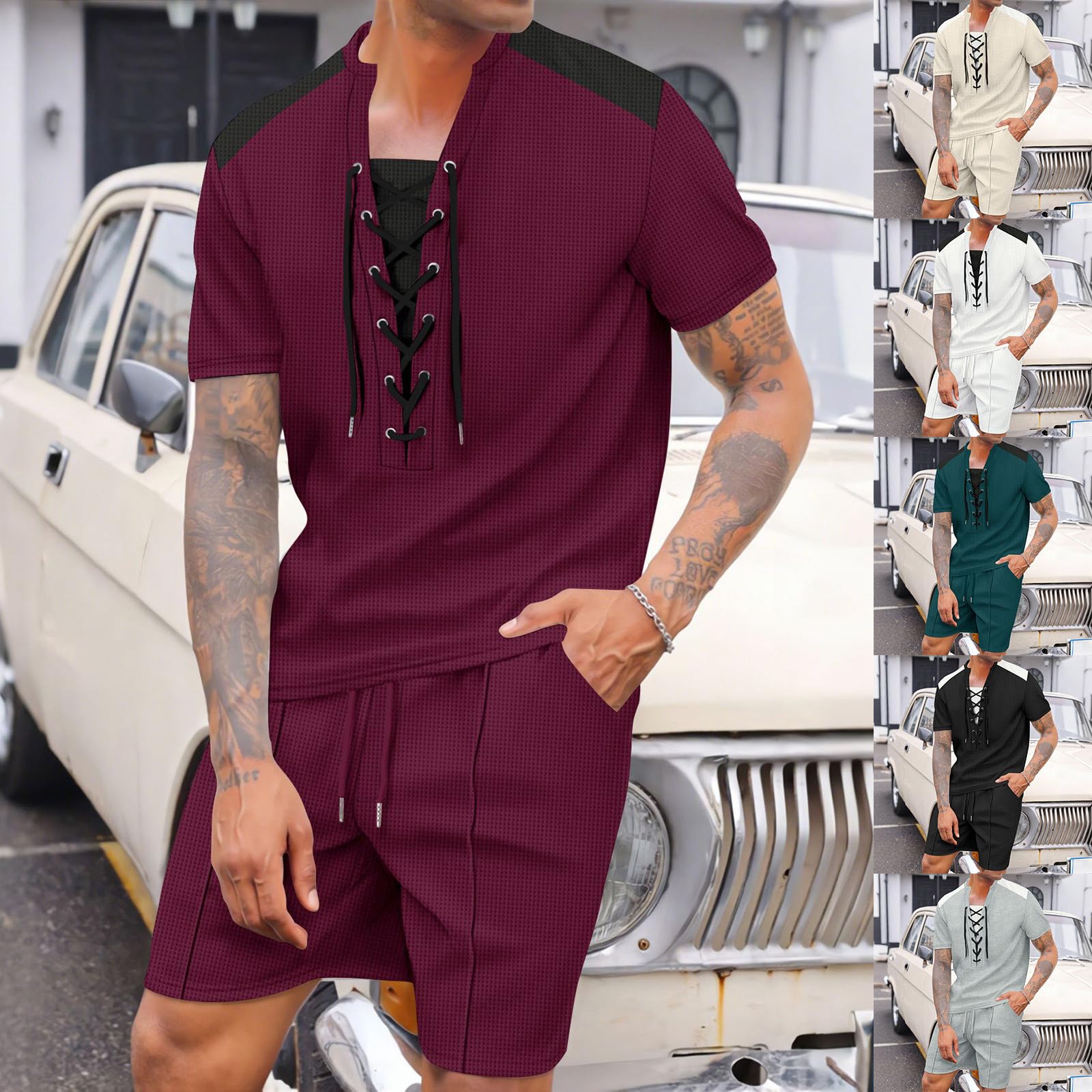Set estivo da uomo, 2 pezzi, con lacci, maglietta e pantaloncini, a maniche corte, per il tempo libero, in maglia a nido d'ape, per la spiaggia, per la vita quotidiana