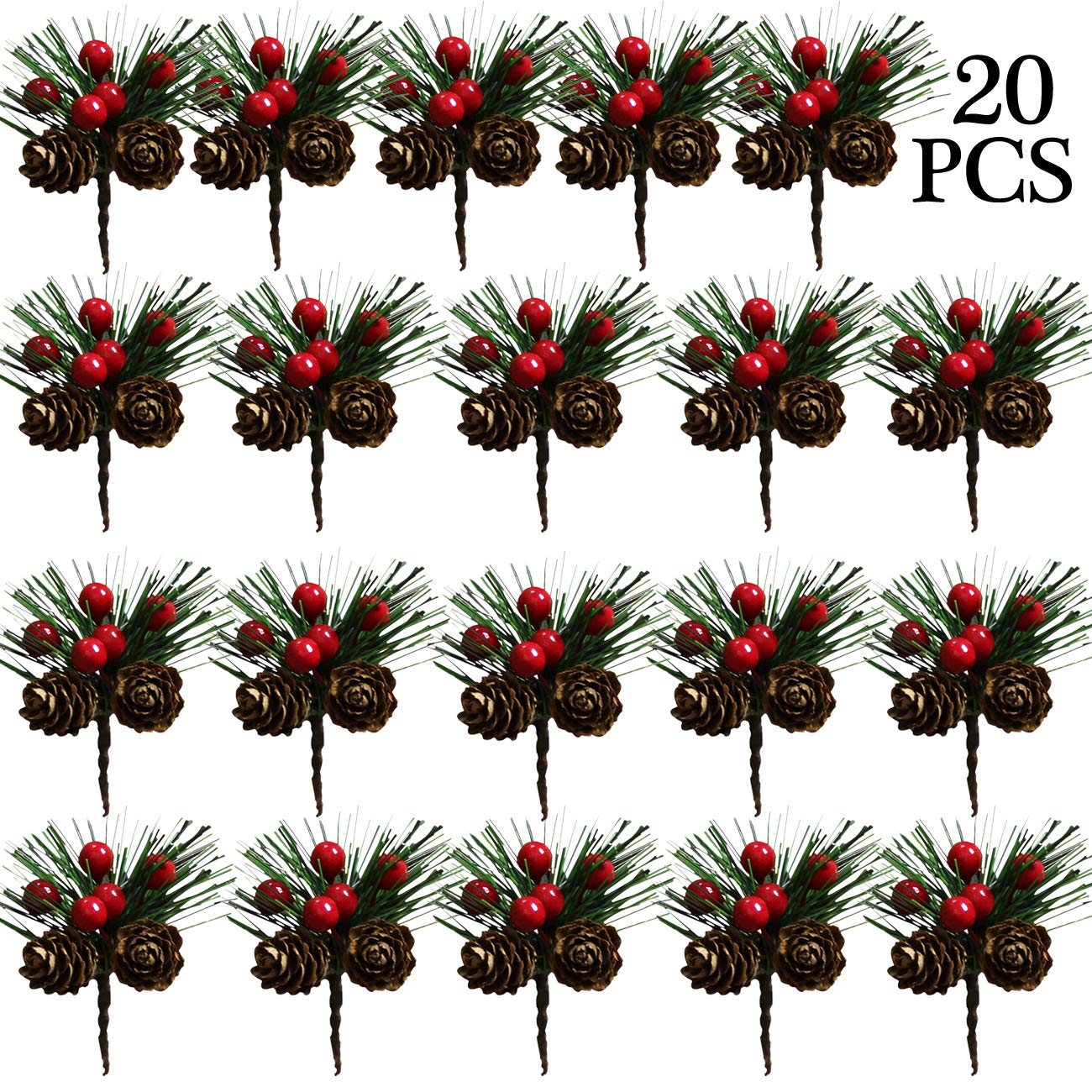 Acronde 20PCS Artificial Pine Picks Christmas Simulation Pine Needle Small Berries Pinecones for Flower Arrangements Wreaths Wedding Garden Xmas Tree Decorations