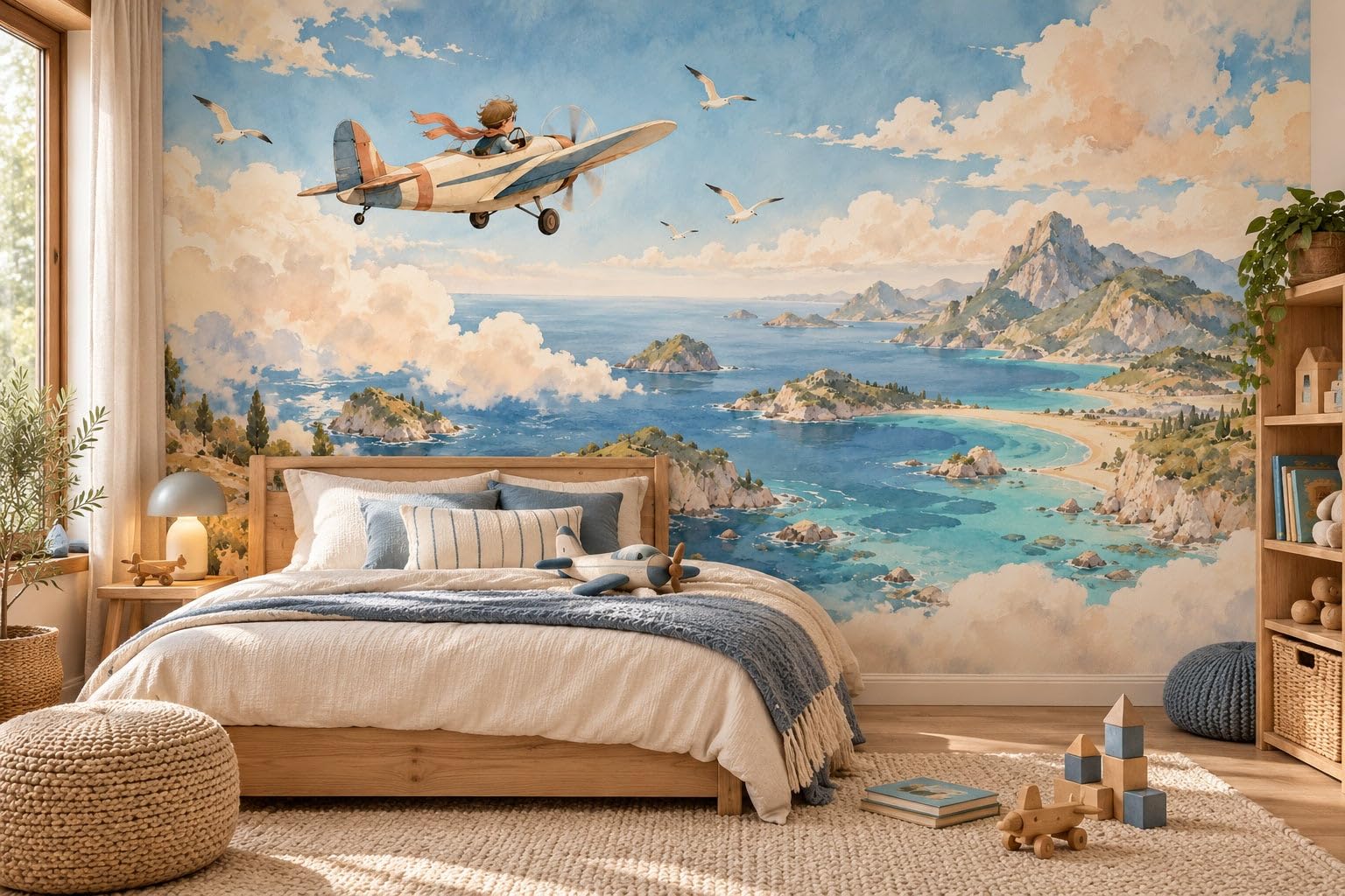 MOOGCO Küstenentdecker Fototapete, Wandbild zum Abziehen und Aufkleben für das Kinderzimmer, Aquarell Flugzeug am Himmel Tapete für das Babyzimmer, 120 x 100 in