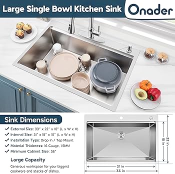 Onader 33 x 22 Inch Drop In Kitchen Sink with Touchless Kitchen