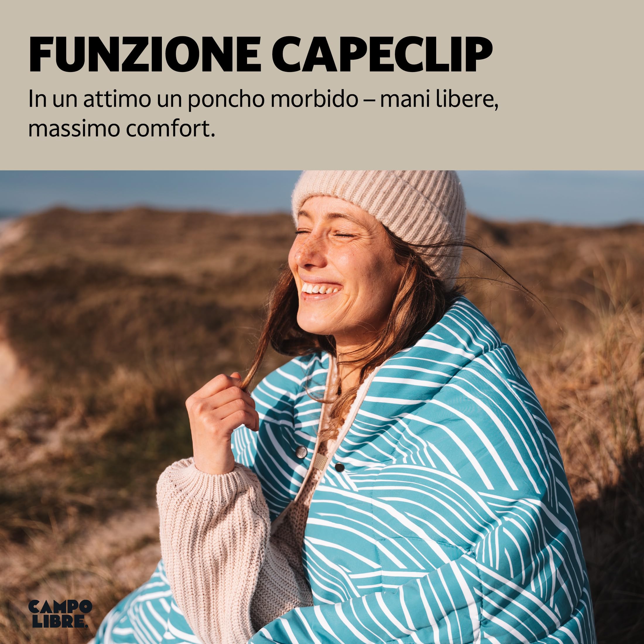 Campo Libre.® WANDA Coperta da Campeggio 4-in-1 – Coperta da Viaggio Multifunzionale, Sacco a Pelo, Cuscino e Poncho, Coperta Termica Outdoor Leggera con Morbido Pile Sherpa. Blu Laguna