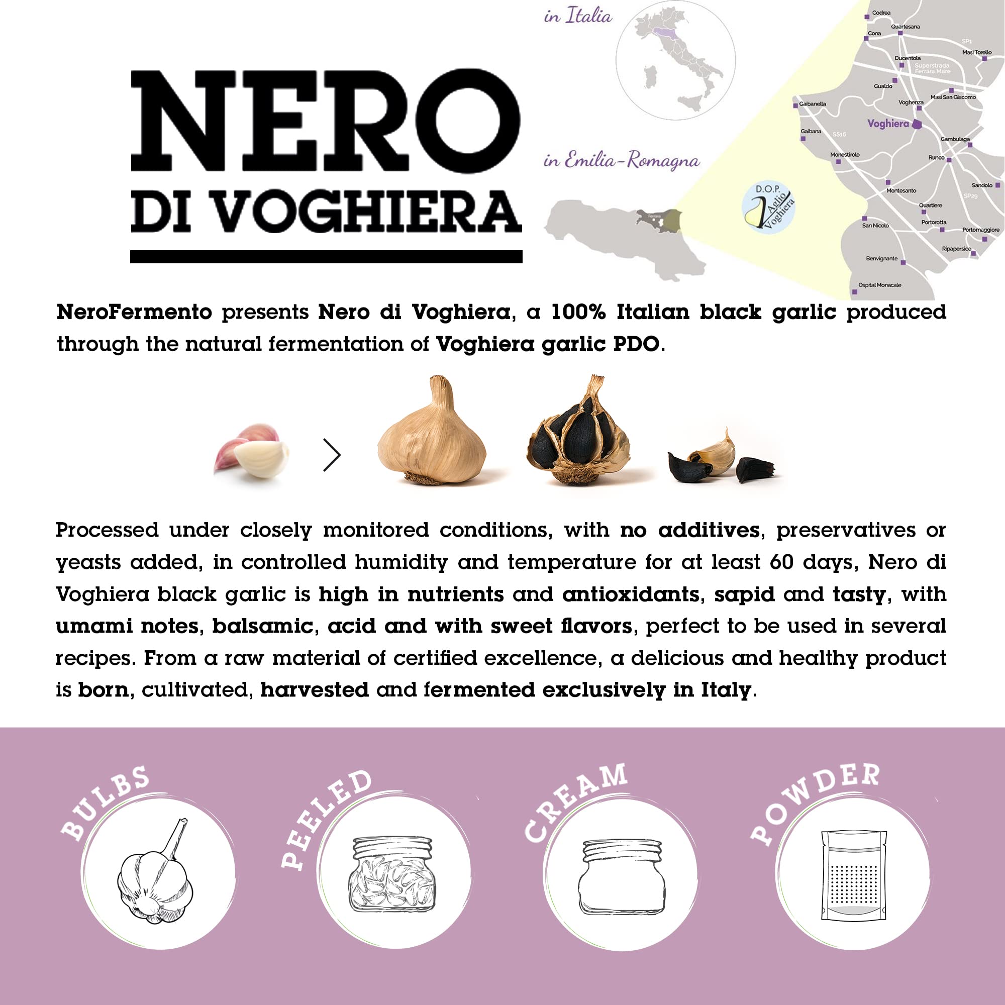 NERO FERMENTO Italian Black Garlic (from Voghiera, Italy), DOP Certification, 60-Day Aged, 4.23 oz (3-4 bulbs), Whole Fermented Black Garlic, Gourmet Superfood.