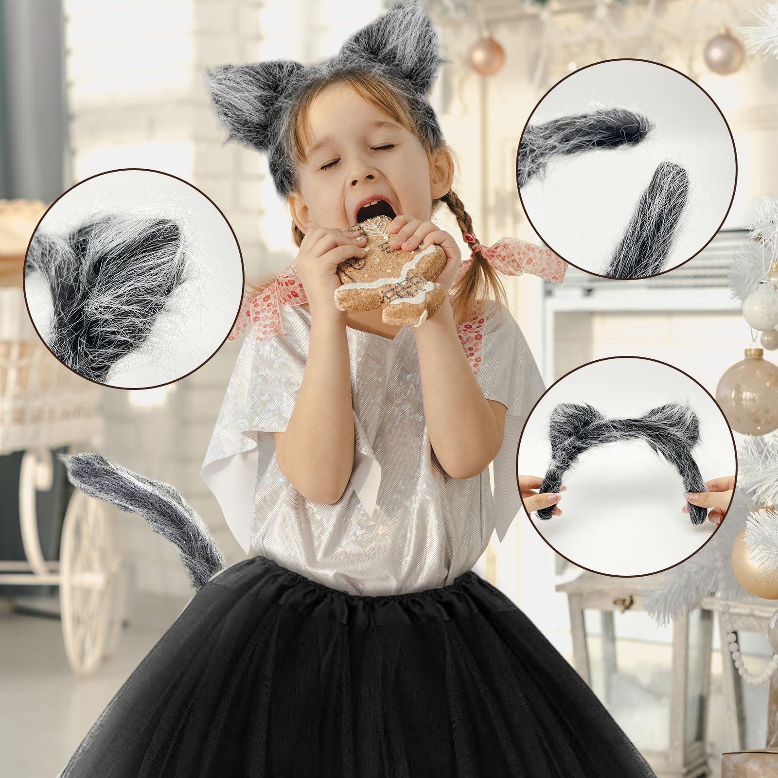 UILYNIU Pack of 3 Grey Wolf Costume Accessories Wolf Ears Headband Tail Tutu Werewolf Costume Accessory for Halloween Party Cosplay (Pack of 3) - Image 3