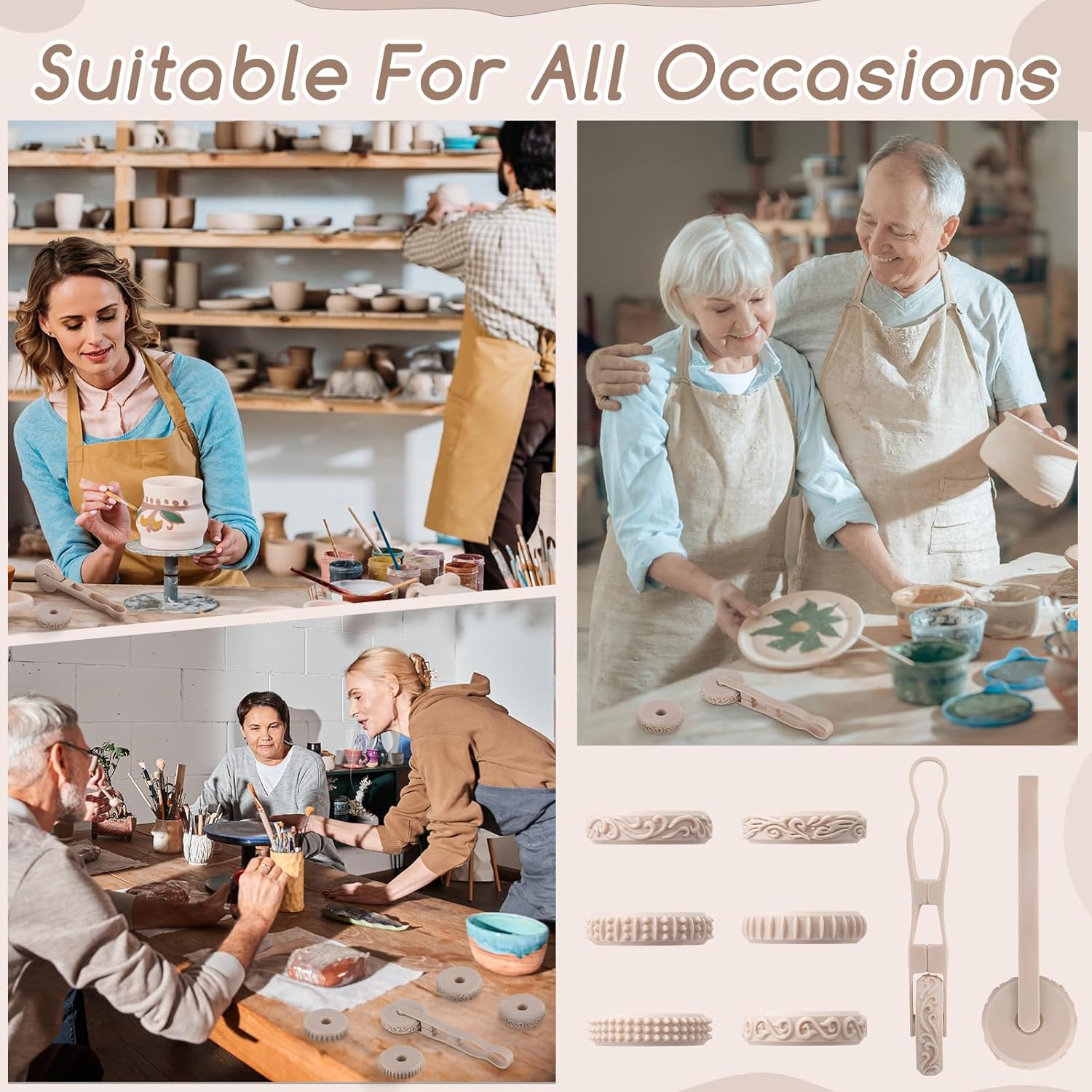 AceOrbit 6pcs Clay Texture Rollers, Clay Roller with Handle, 6 Patterns Texture for Modeling, Painting & Glaze Design Handle Pottery Tools Set