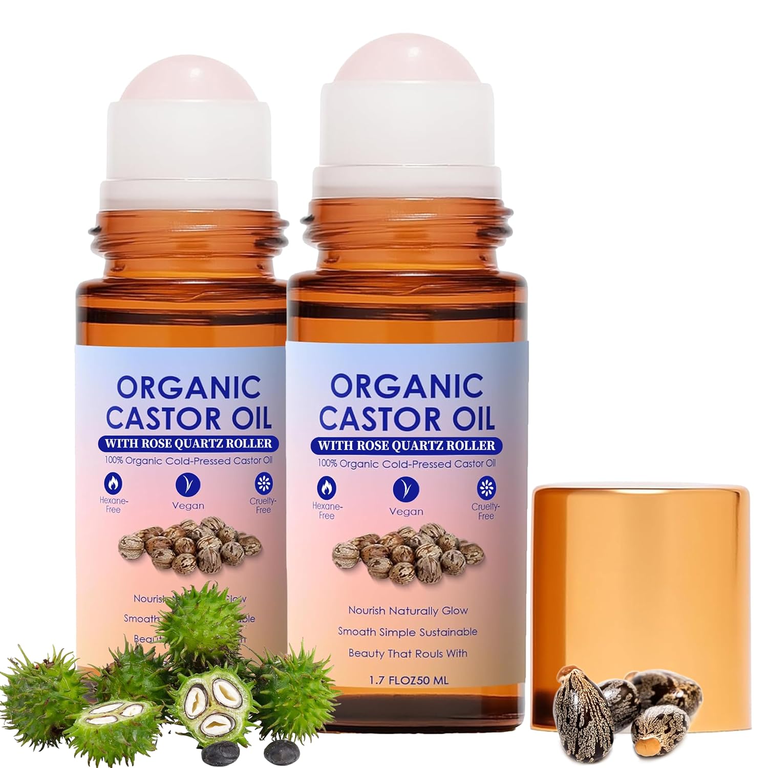 Organic Castor Oil Roll-On with Rose Quartz Roller, 100% Pure Cold-Pressed, Deep Moisturizing for Skin, Hair, Eyelashes & Eyebrows, 2 Pack x 1.7 fl oz