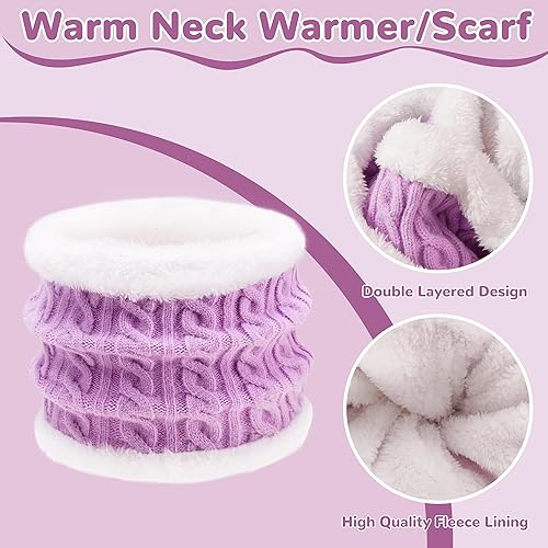 Miniatura 5 de Juego de 3 piezas de gorro de invierno para niños, bufanda y guantes para niños de 2-6-10-14 años, conjuntos de punto grueso y cálido con forro