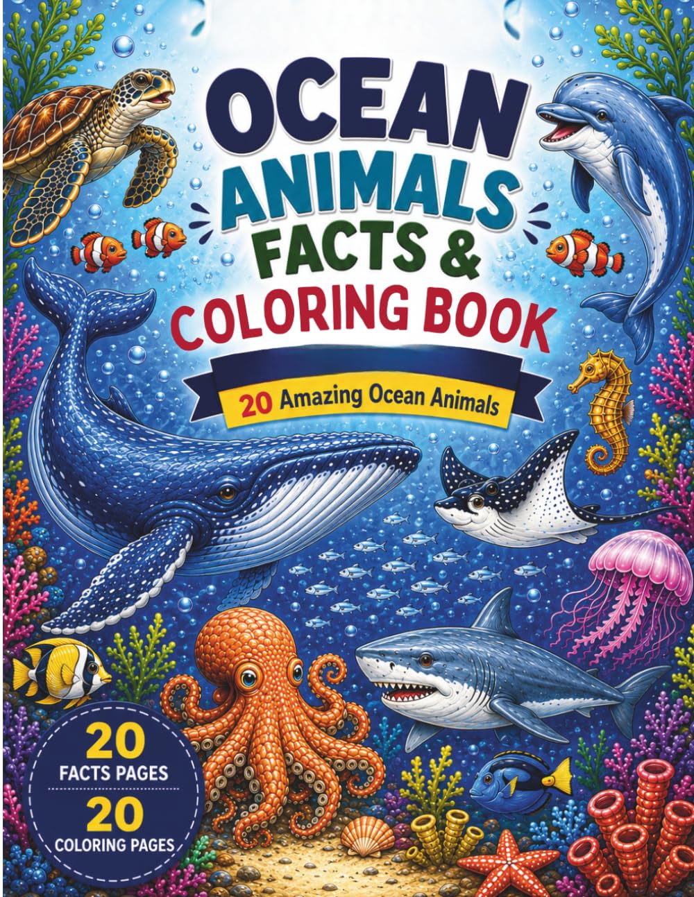 Ocean Animals Facts & Coloring Book: Discover, Learn & Color 20 Amazing Sea Creatures with Fun Facts and Detailed Coloring Pages for Kids Ages 6–10