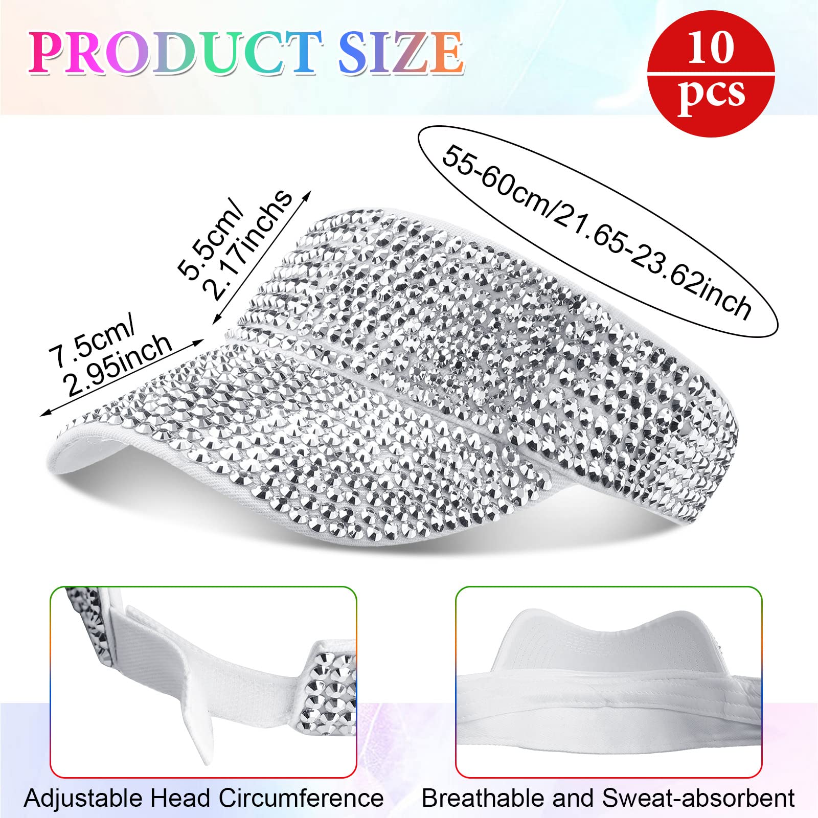 Yahenda 10 Stück glitzernde Visiere, Glitzer-Visier mit Strasssteinen, Sport-Sonnenblende, Bunte Hüte, verstellbare Sommermütze, Golf-Sonnenblende, Kappen für Männer und Frauen, Sportfarben, M-L