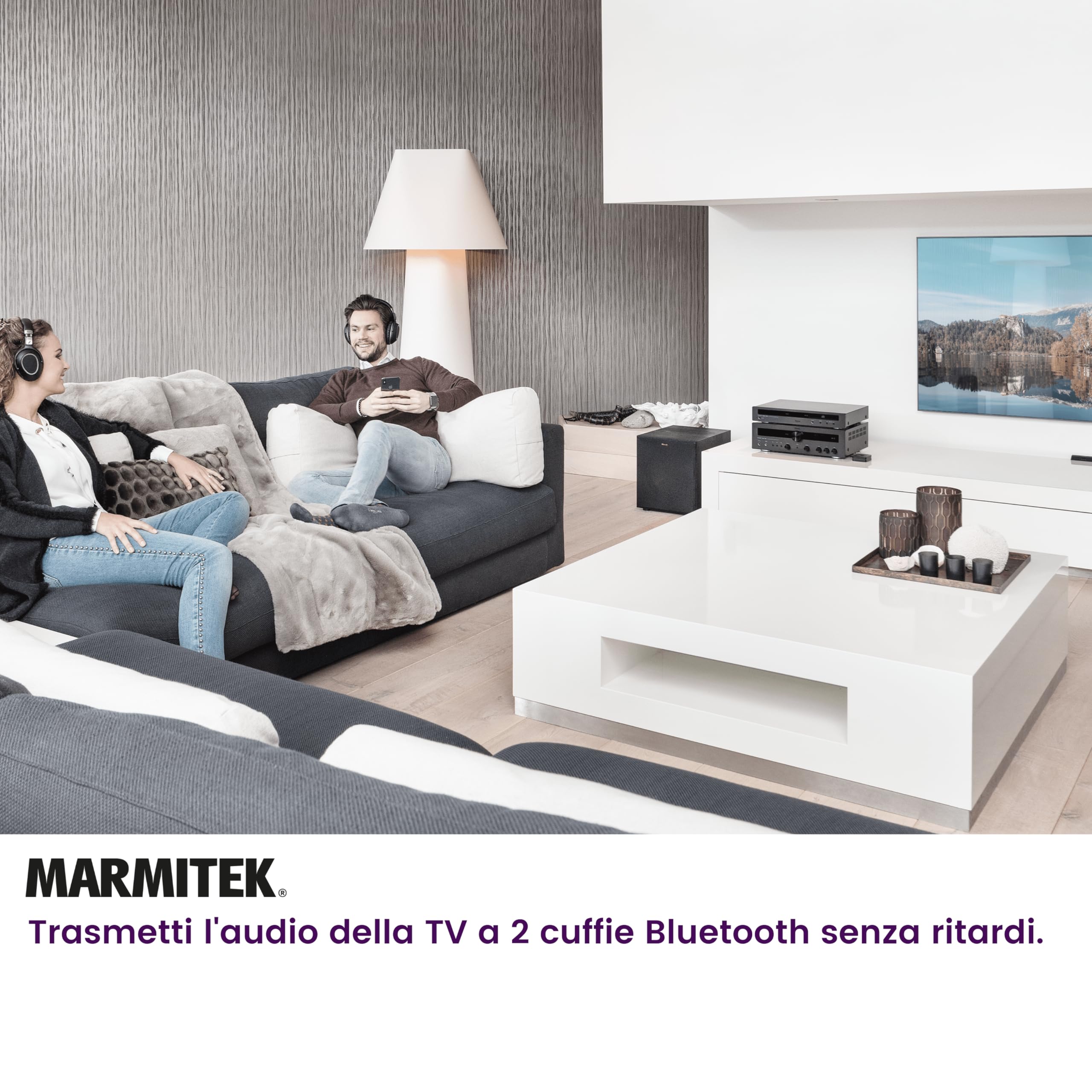 Marmitek BoomBoom 55 HD - Trasmettitore Bluetooth TV aptX HD Low Latency | Trasmettitore audio Bluetooth per 2 cuffie contemporaneamente con aptX Adaptive, Toslink, coassiale, jack 3,5 mm e aptX HD