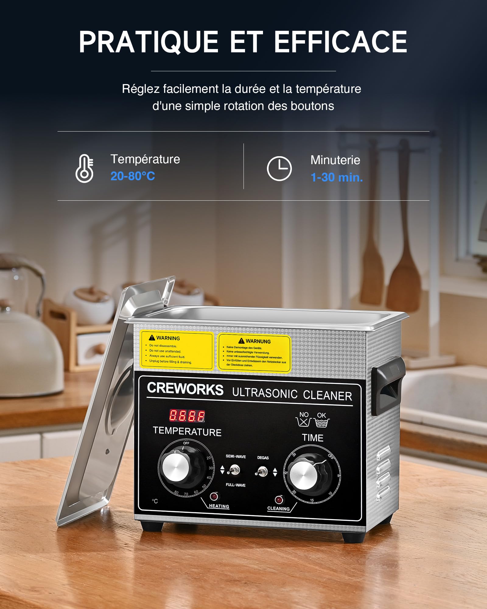 CREWORKS 3L Nettoyeur à Ultrasons Professionnel丨Puissance 120W丨Chauffage 100W丨Minuterie 1-30min丨Mode Dégazage et Mode Doux, Bac à Ultrasons Commercial Machine de Nettoyage Ultrasonique