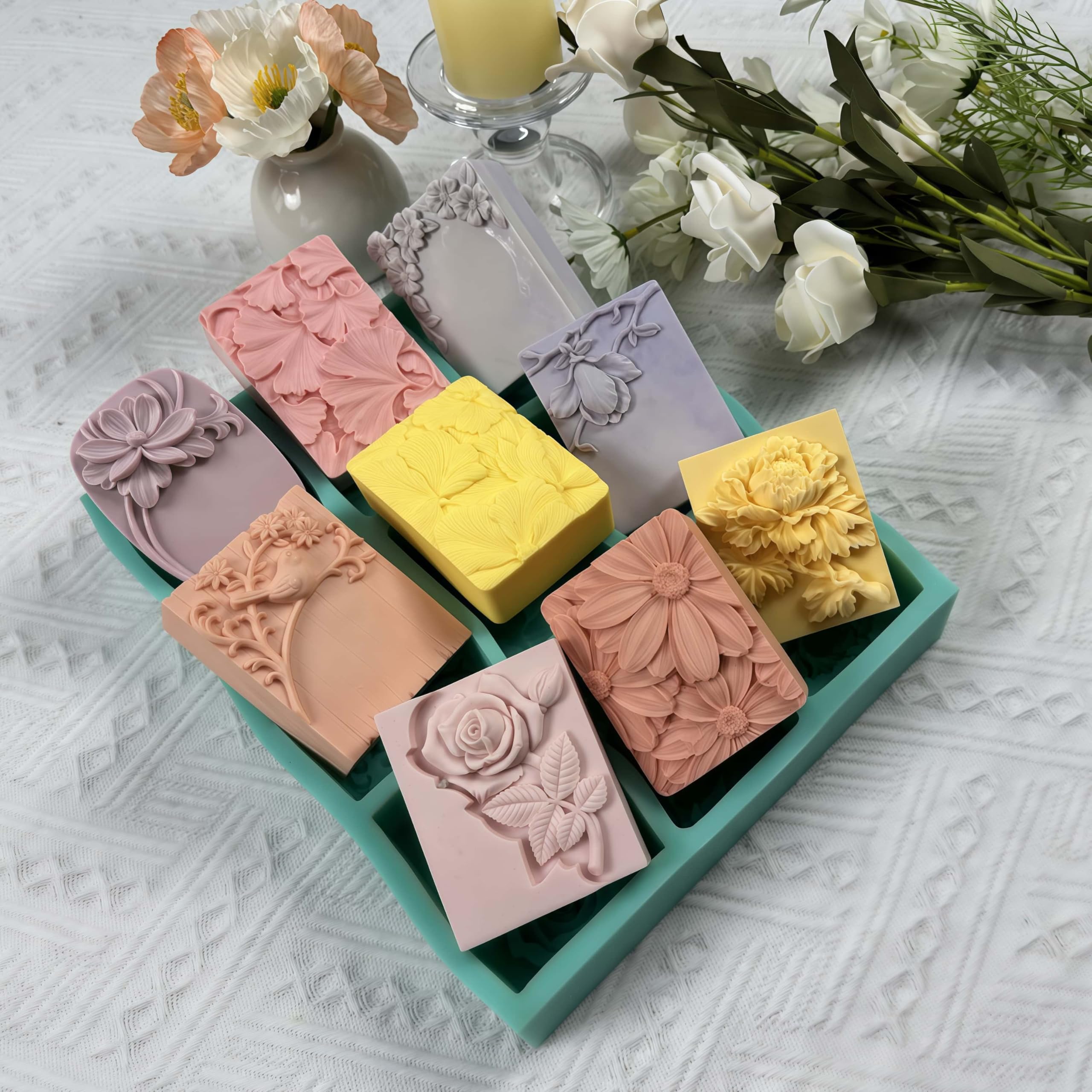 Molde de jabón de flores mixtas de 9 cavidades, molde de silicona para jabón, vela, cera de fregrance, chocolate, pastel, yeso aromático, fabricación de manualidades de resina decorada
