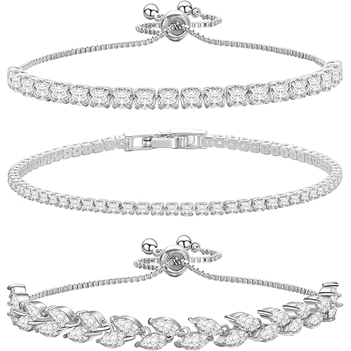 14K Silver Plated Tennis Bracelet Cubic Zirconia Classic Adjustable Bracelet Silver Bracelets for Women Girls Birthday Valentine Mother's Day Jewelry Gift