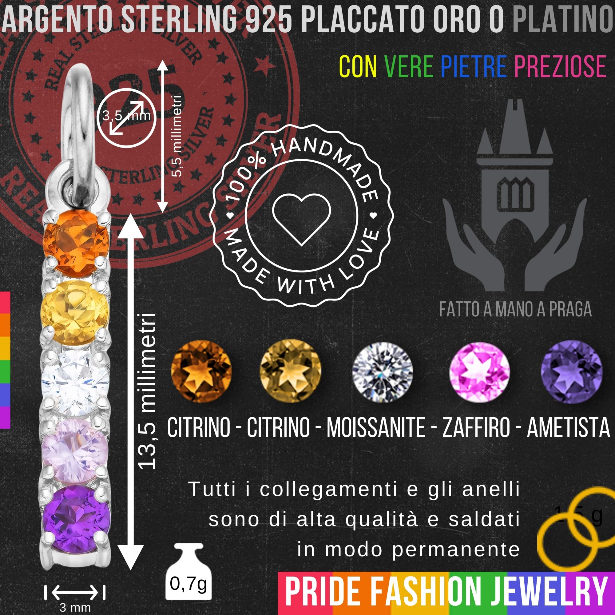 LGBTQ Pride bandiera ciondolo charm collana in argento sterling 925 con pietre, placcato platino o oro, arcobaleno Lesbian Trans Gay Bi Pan Non Binary gioiello regalo Queer LGBT