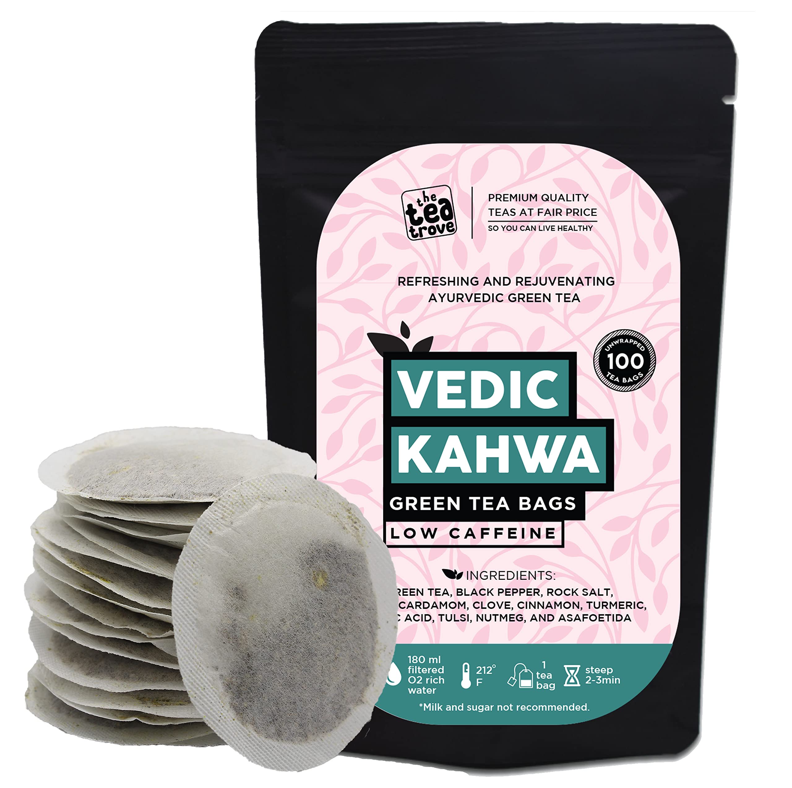 the tea trove Kahwa Green Tea Bags 100 Pcs - Eco-Friendly Vedic Detox Kahwa Green Tea 100 Bag In Resealable Pouch- All In One Green Tea Kahwa Tea Bags - Kawa Tea, Kava Tea, Green Tea Bag - 100 Gm
