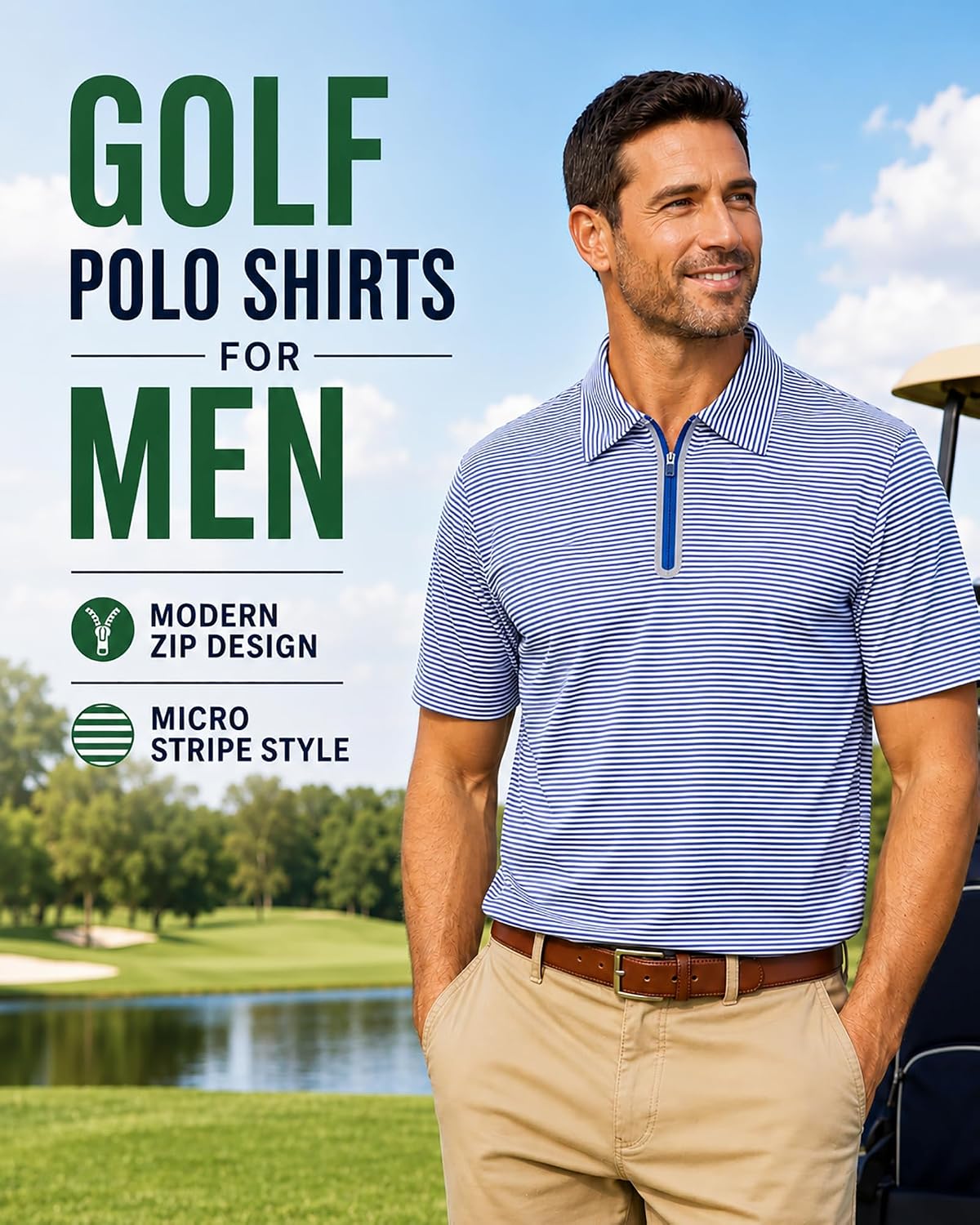 Men's Quarter Zip Golf Shirts Moisture Wicking Performance Short Sleeve Striped Polo Lightweight Dry Fit UPF 50+