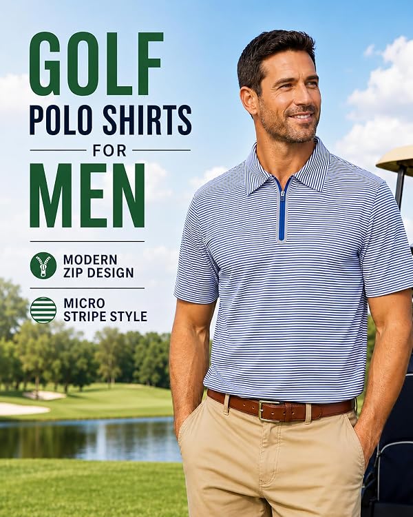 Frevontica Men's Quarter Zip Golf Shirts Moisture Wicking Performance Modern Cool Short Sleeve Striped Collared Polo Dry Fit Lightweight UPF 50+ Stretch Athletic Summer Casual Wear Tennis Travel Shirt by Frevontica - Used condition - Image 3