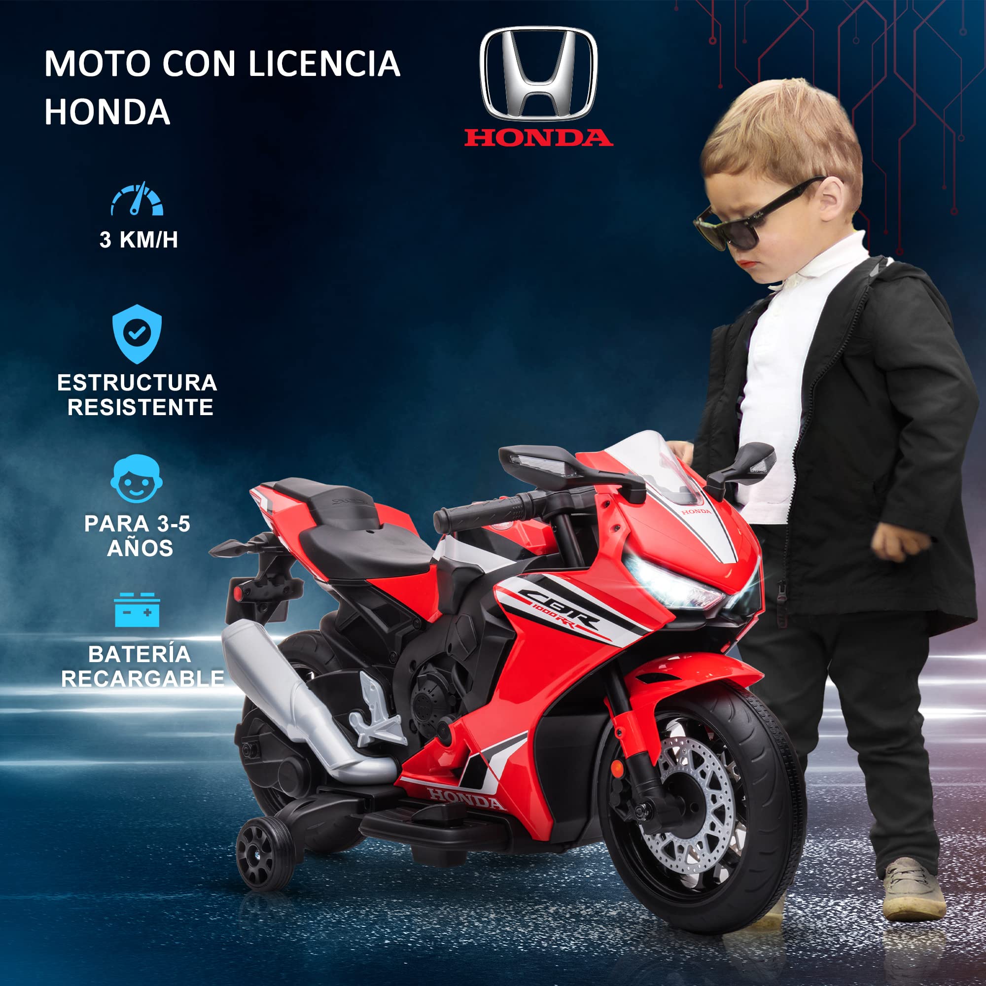 HOMCOM Moto Eléctrica con Licencia Honda para Niños de 3-5 Años Moto a Batería 6V con Faro Bocina Música y Ruedas Auxiliares Extraíbles Carga 30 kg 90x44x52 cm Rojo