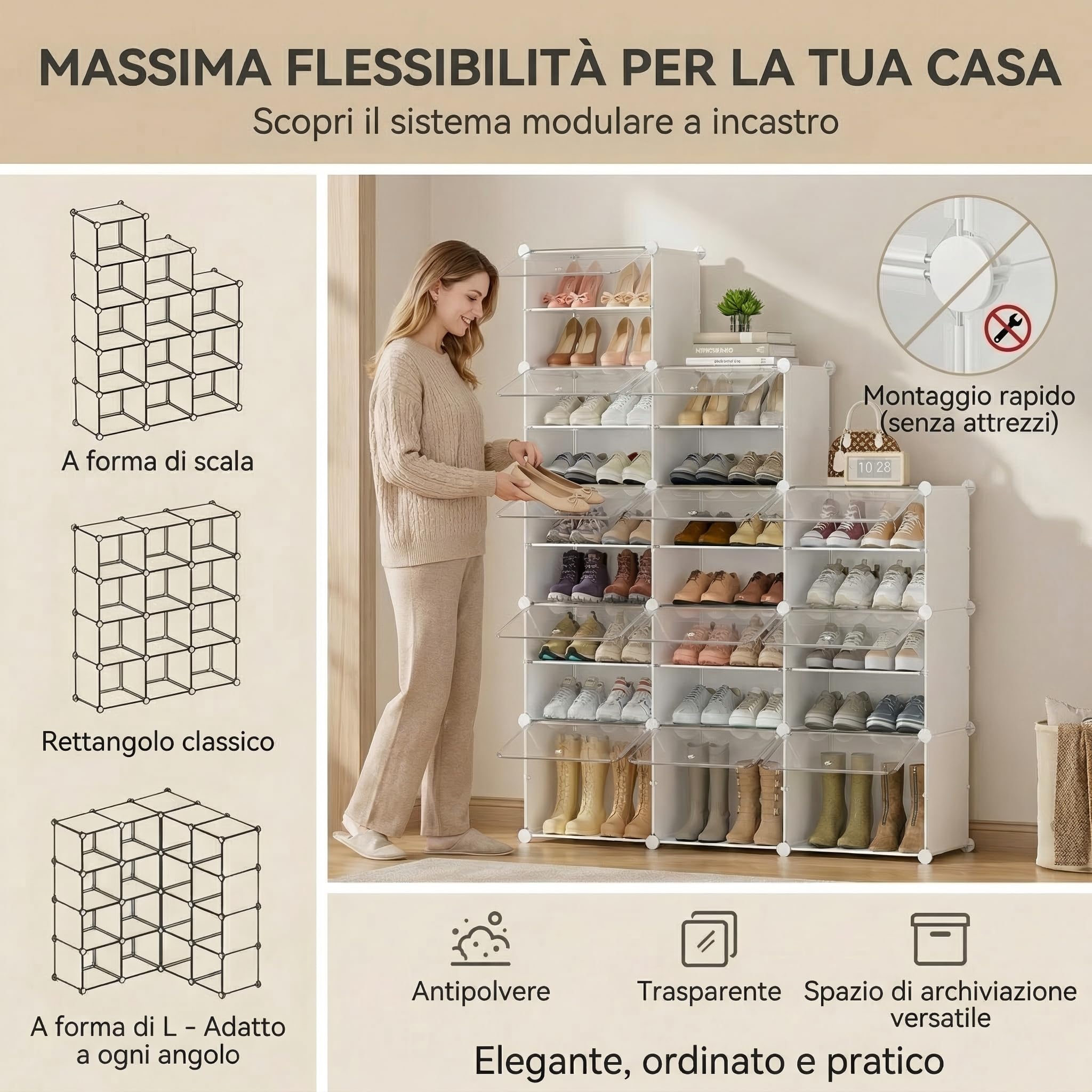 Scarpiera salvaspazio a 21 scomparti con porta, scarpiera modulare in plastica chiusa bianca, mobile per scarpe ingresso fai da te per corridoio camera da letto