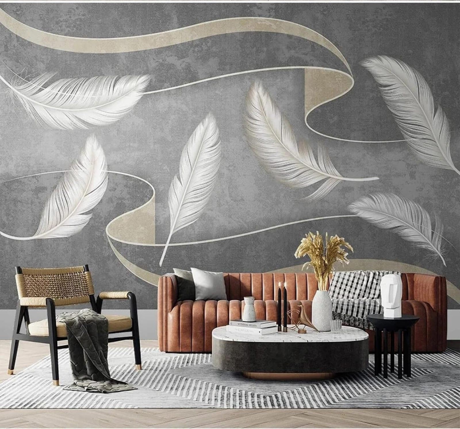 Xlming 350Cm×256Cm(B×H) Contemporary Luxury Vintage Lines Feathers Art 3D Wallpaper Luxury Home Dining Decor Paste Sofa Living Room The Wall For Bedroom Mural-350Cm×256Cm