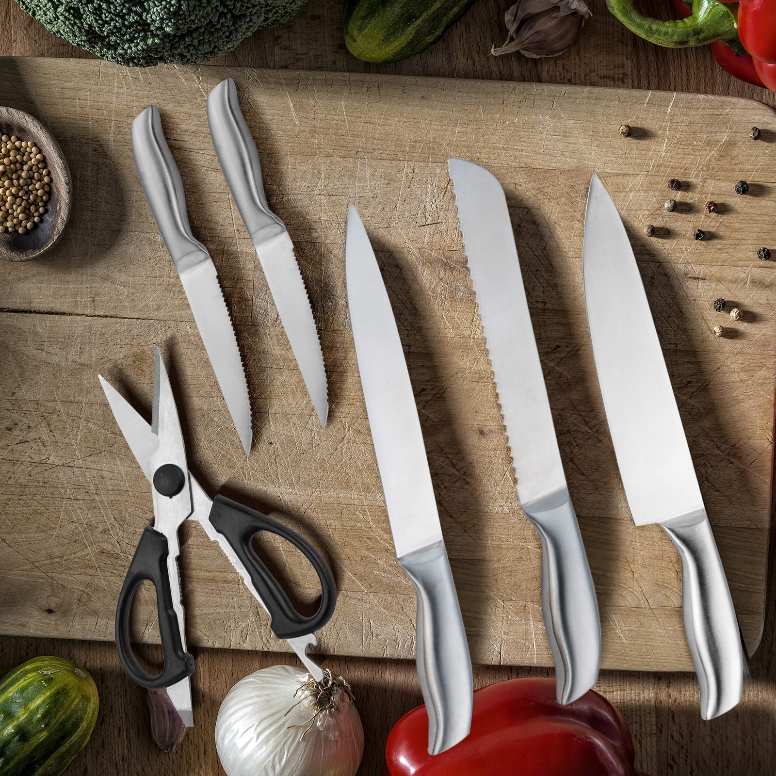 COSTWAY 14-Pieces Kitchen Knife Set, with Block, Sharpener & Kitchen Shears, Ultra Sharp Knife Set with Chef Knife, Bread Knife, Santuku Knife, Utility Knife, 6 Steak Knives (Silver, Brown)