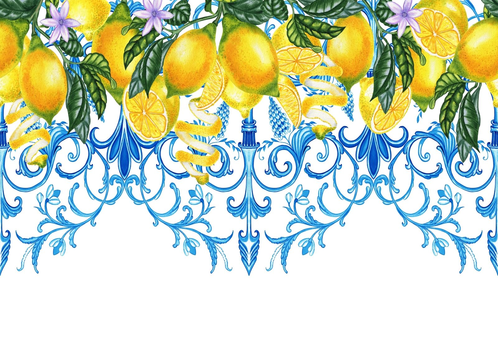 BELECO 3x2.5m Fotohintergrund Stoff Blaue Fliesen Zitrone Sizilianische Majolika Aquarell Zitronen Mittelmeer Hintergrund Sommer Party Banner Fotostudio Zubehör