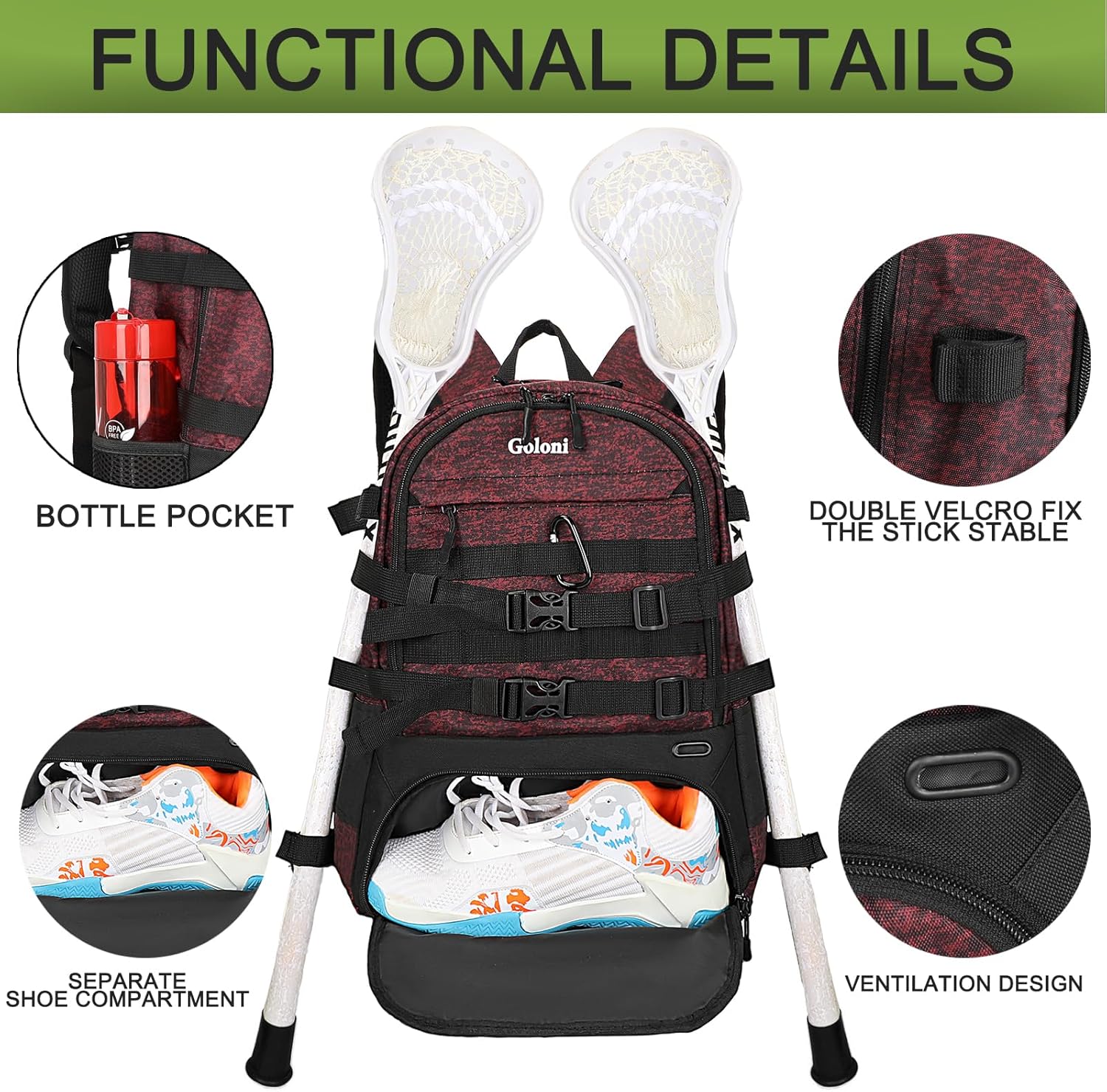 Goloni Lacrosse Equipment Backpack with Two Sticks holder and Separate Cleats Compartment Field Hockey Bag