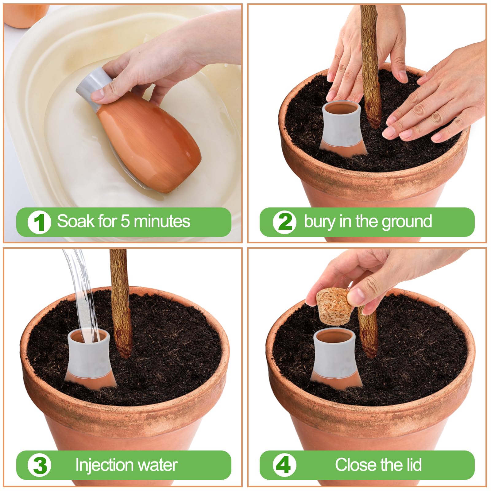DEAYOU Lot de 4 globes d'arrosage automatique pour plantes en terre cuite avec couvercle, dispositif d'arrosage automatique pour intérieur et extérieur, plantes de vacances, facile à remplir