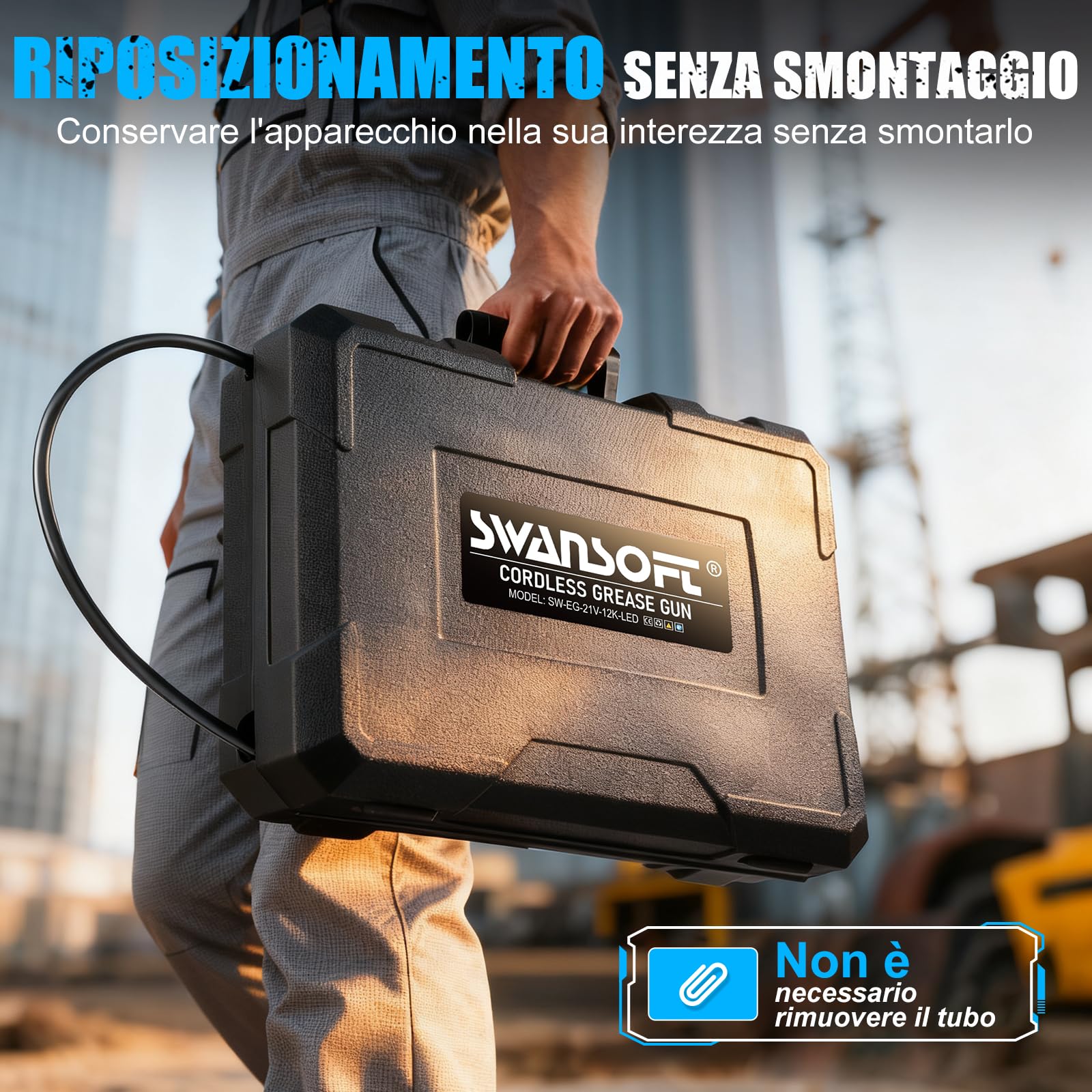 SWANSOFT Ingrassatore elettrico aggiornamento 700 g/min 21V 4Ahx2 batteria ingrassatore | 12.000 PSI Pistola per grasso senza fili 2 in 1 per la costruzione di camion e fattoria con 4 accoppiatori