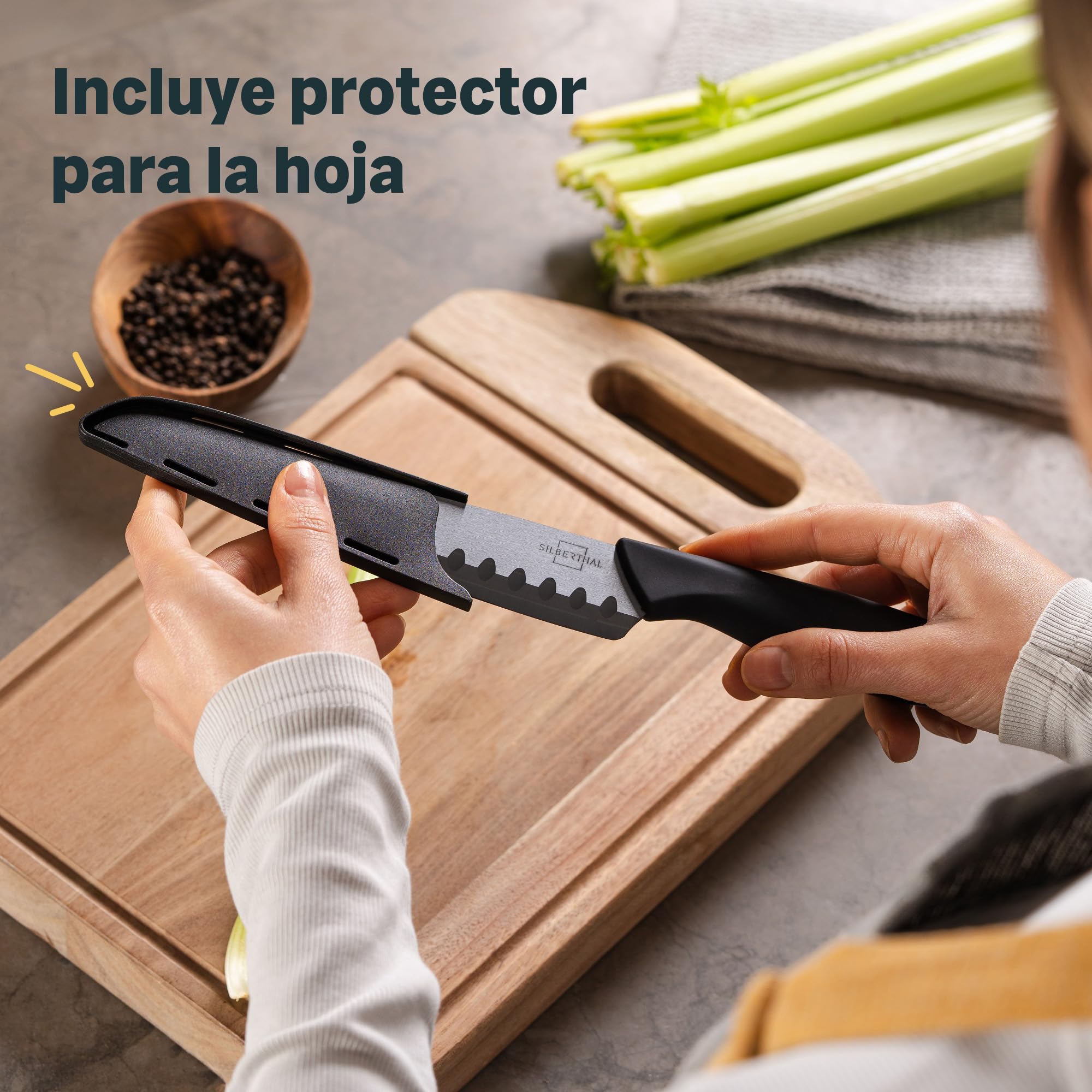 SILBERTHAL Set cuchillos cocina cerámica - Con funda protectora - Set 3 cuchillos ceramicos cocina