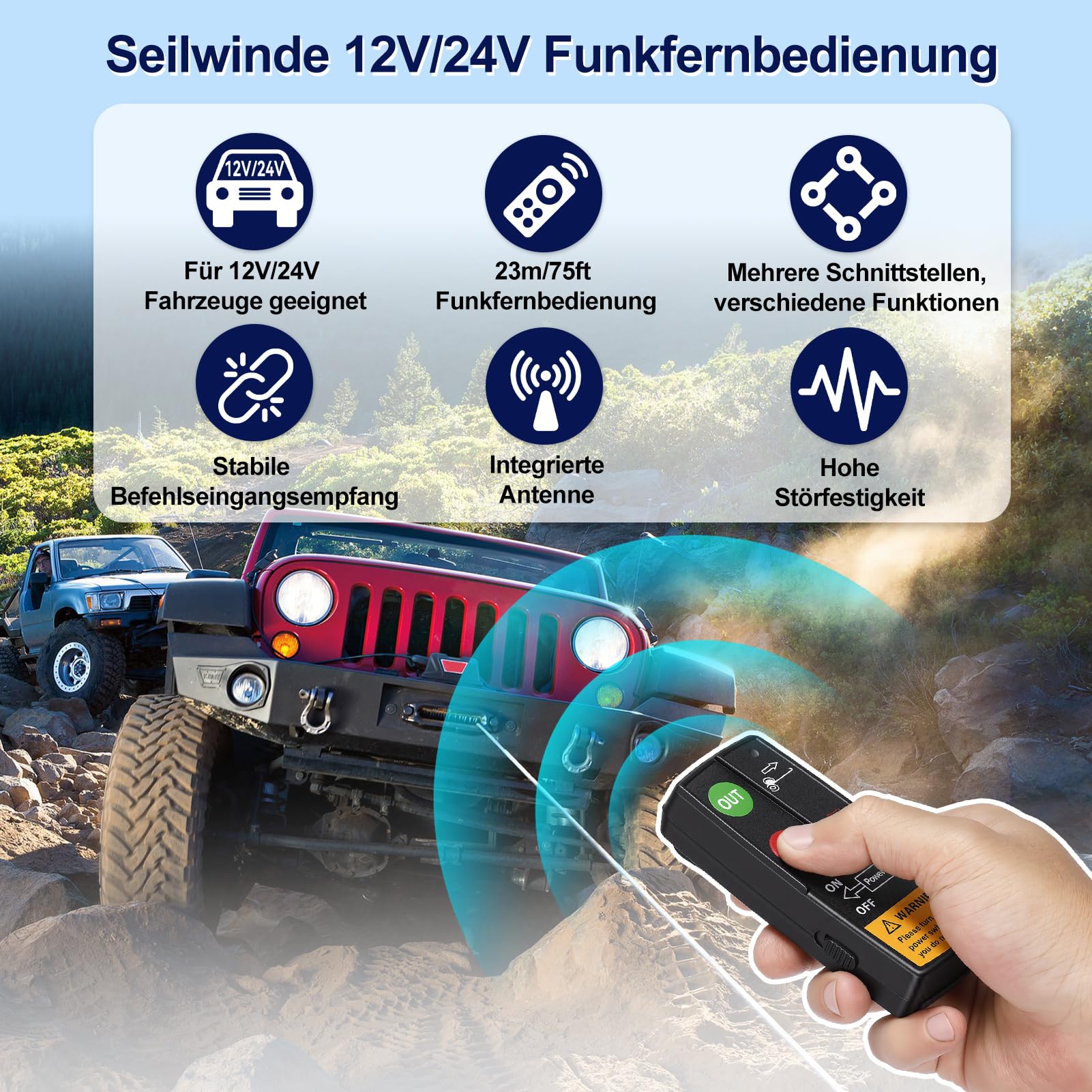 Verricello a fune 12 V, telecomando senza fili, 12 V, 24 V, senza fili, con 2 trasmettitori + ricevitore, portata di 30 m, per auto Atv Camion Suv Jeep