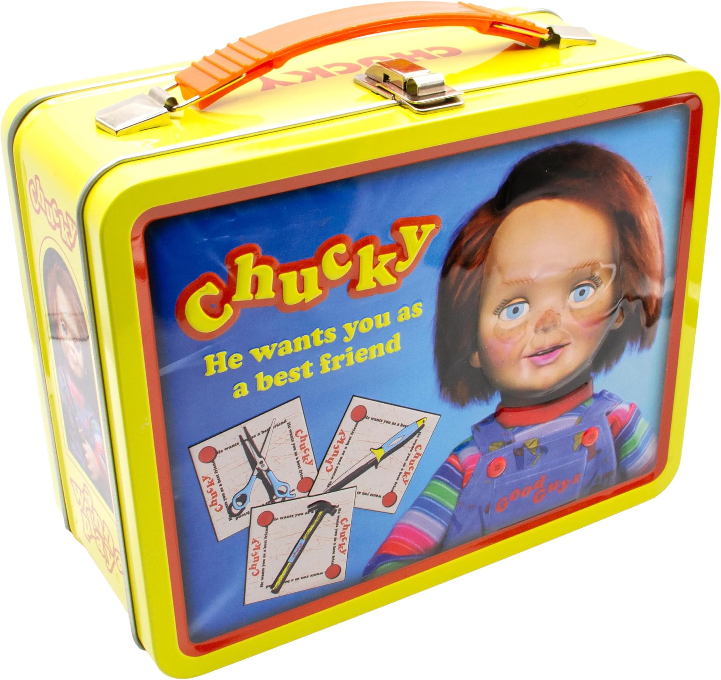 AQUARIUS Chucky Fun Box - Sturdy Tin Storage Box with Plastic Handle & Embossed Front Cover - Officially Licensed Child's Play Merchandise & Collectible Gift for Kids, Teens & Adults