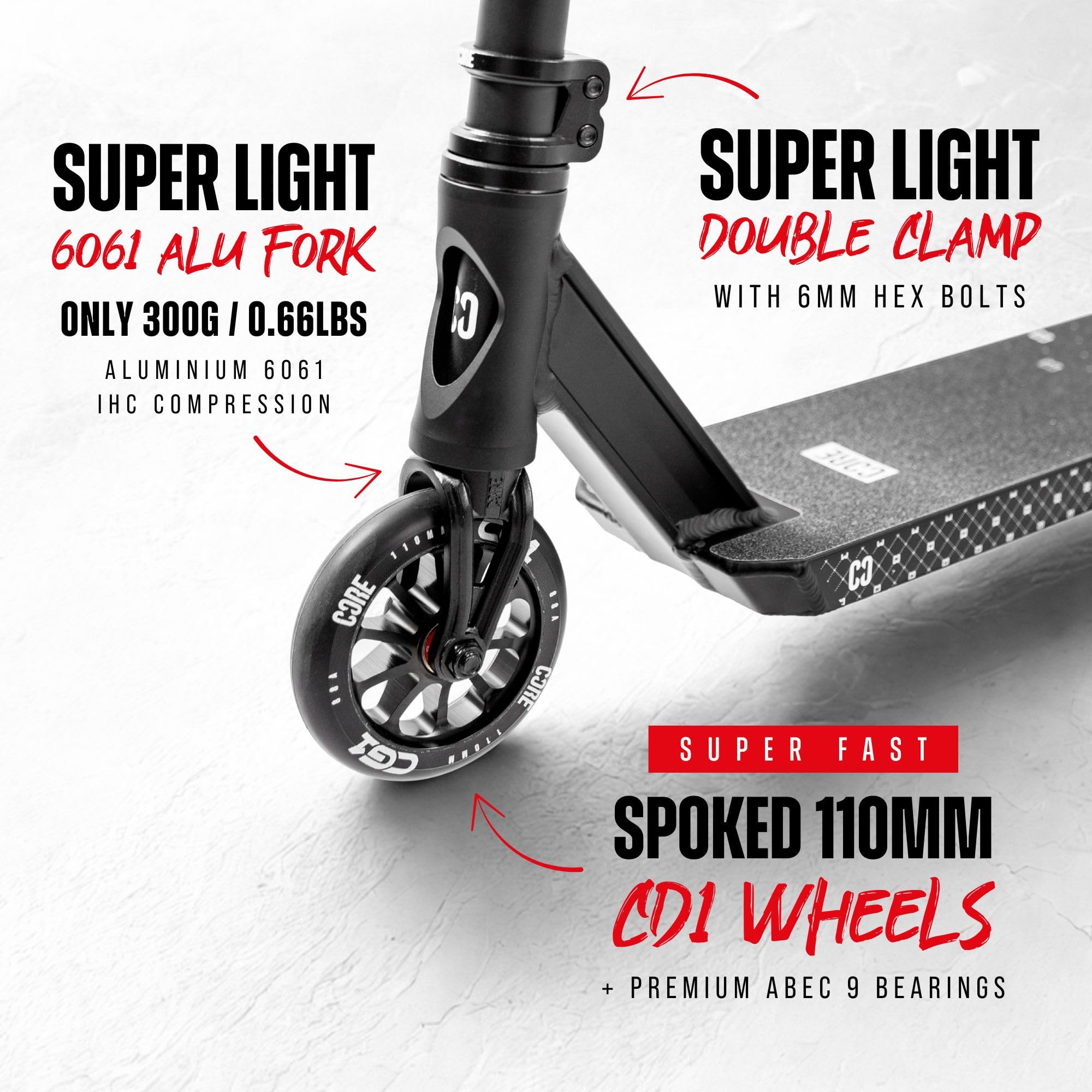 CORE CG1 - Patinete de acrobacias para niños de 8 años en adelante, trucos de principiante a avanzado, estilo libre con ruedas de 110 mm, patinetes profesionales para adolescentes y niños, color negro