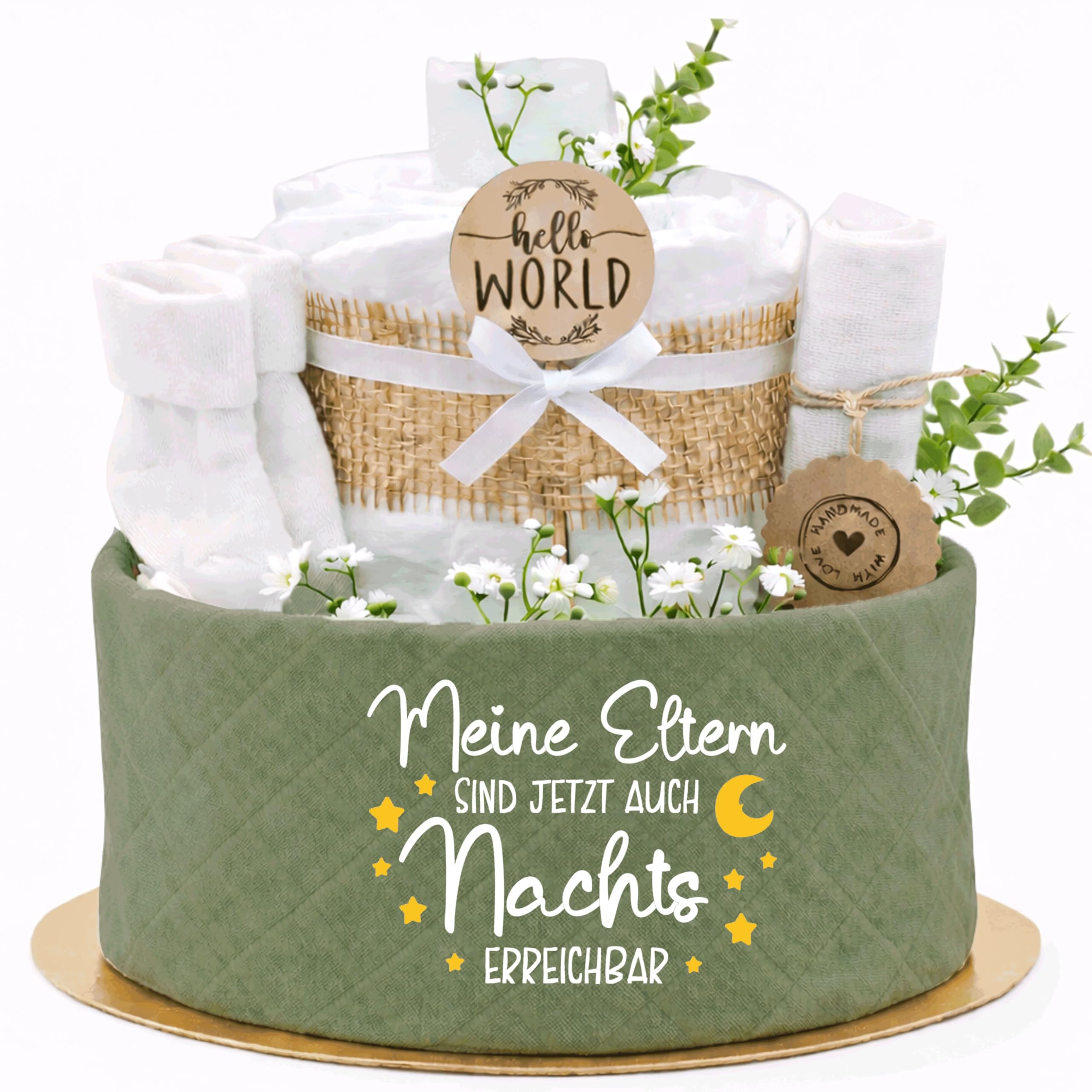 Trend Mama® | Windeltorte Boho Style | Spruch wählbar | 27 Windeln (Gr.2), Musselintuch, Socken & Spucktuch | Geschenk Geburt (Grün | Meine Eltern sind jetzt auch Nacht erreichbar)